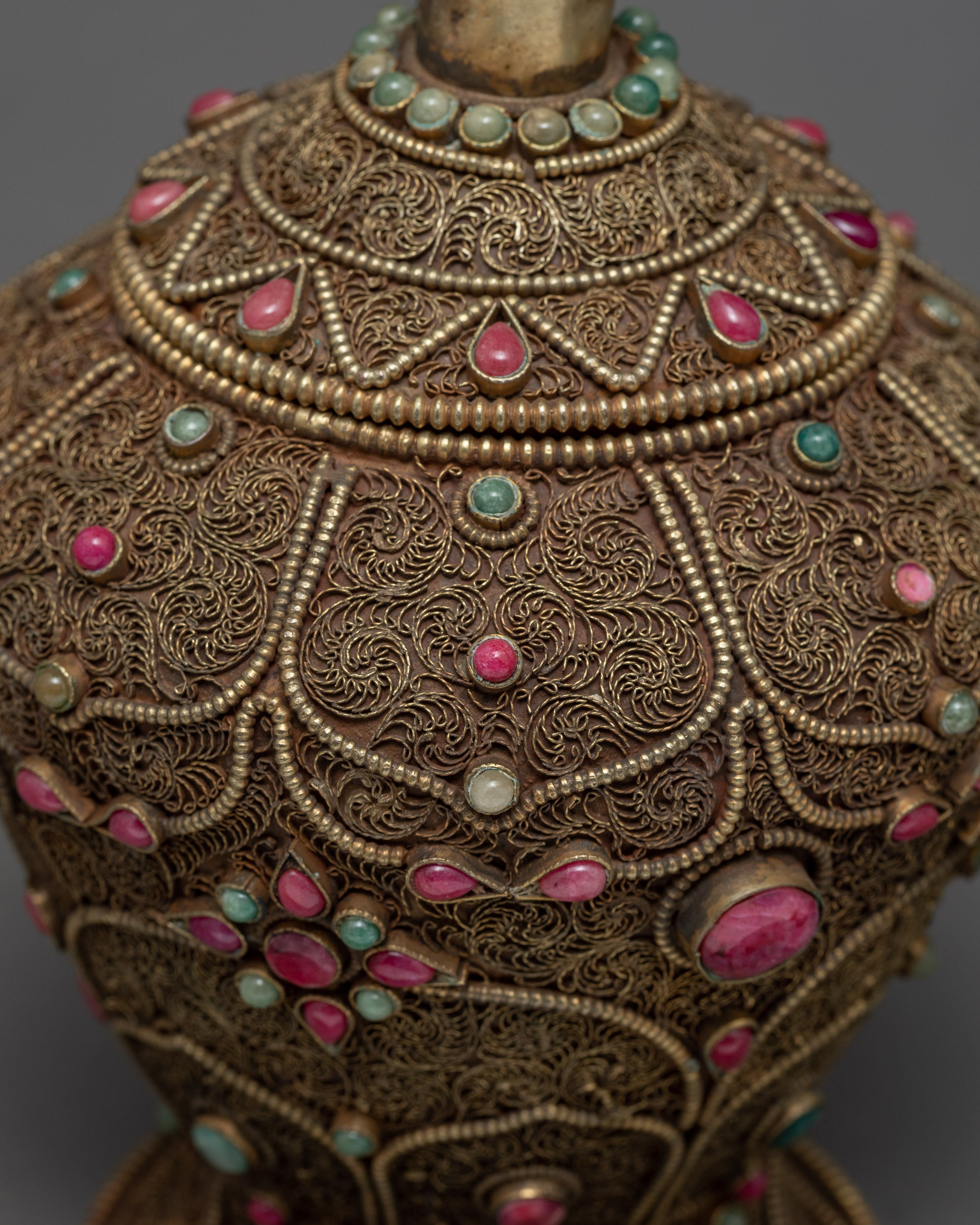 Rare Offering Alms Bowl | Old Tibetan Filigree Carving Gemstones Inlay | Ritual Items