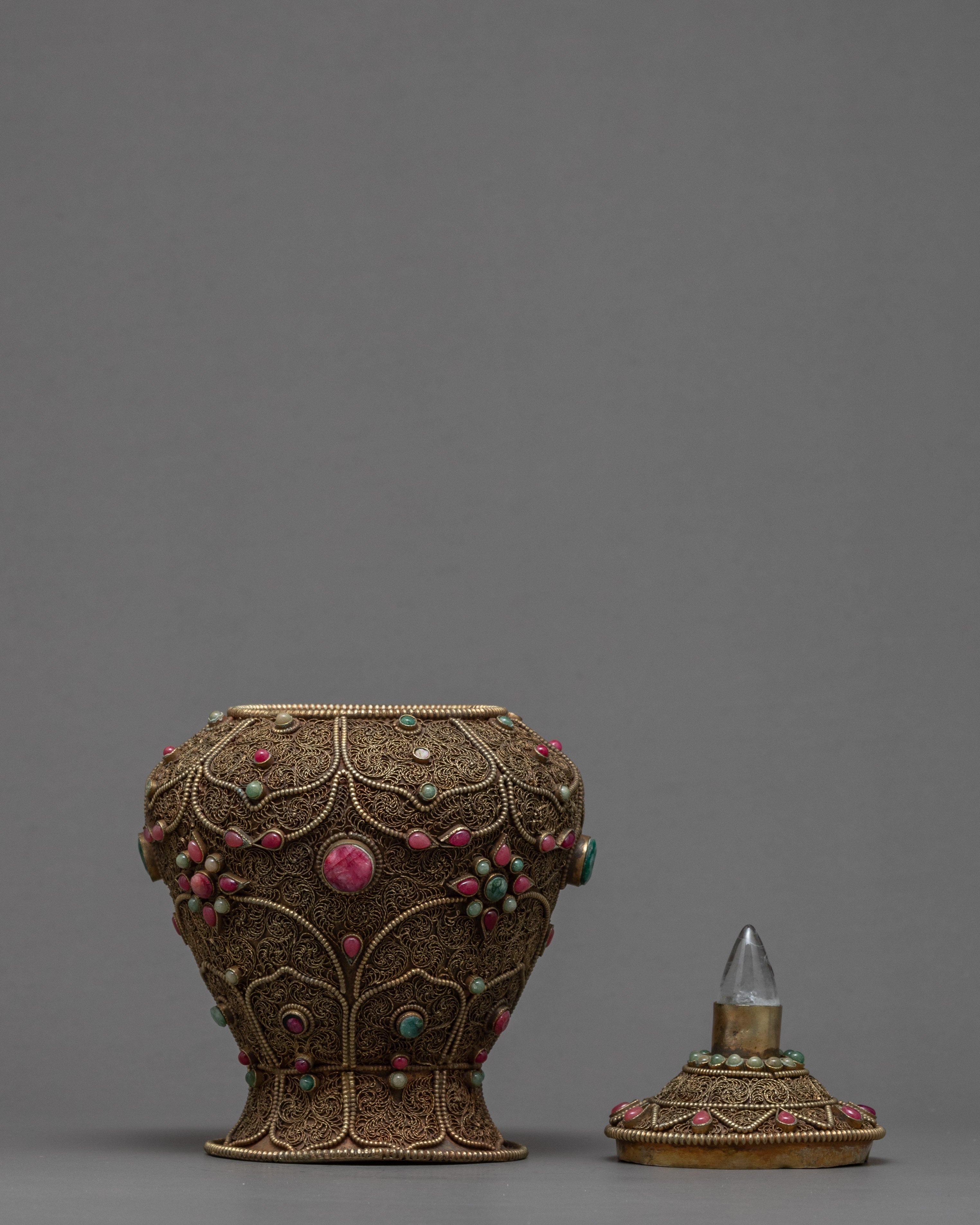 Rare Offering Alms Bowl | Old Tibetan Filigree Carving Gemstones Inlay | Ritual Items