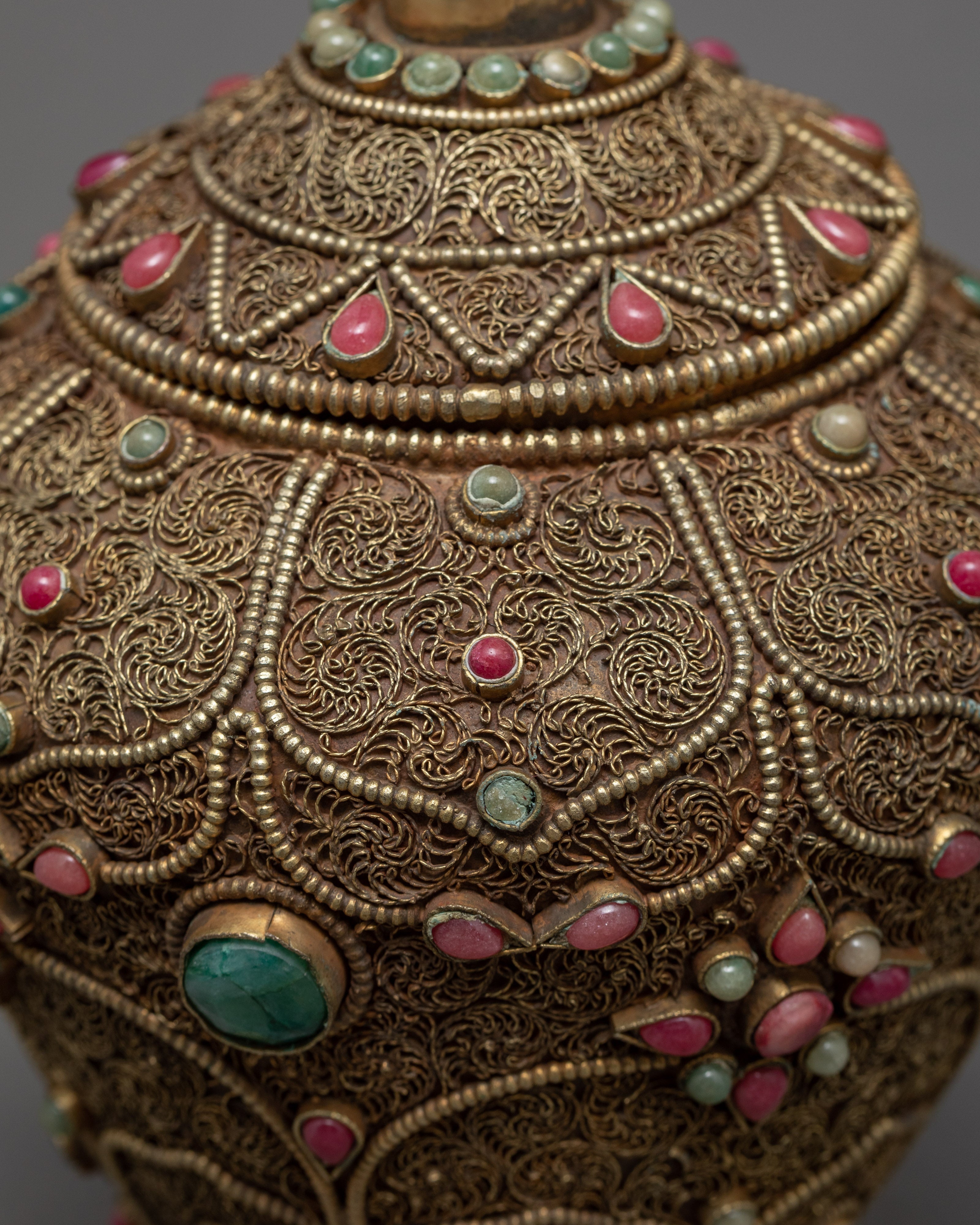 Rare Offering Alms Bowl | Old Tibetan Filigree Carving Gemstones Inlay | Ritual Items