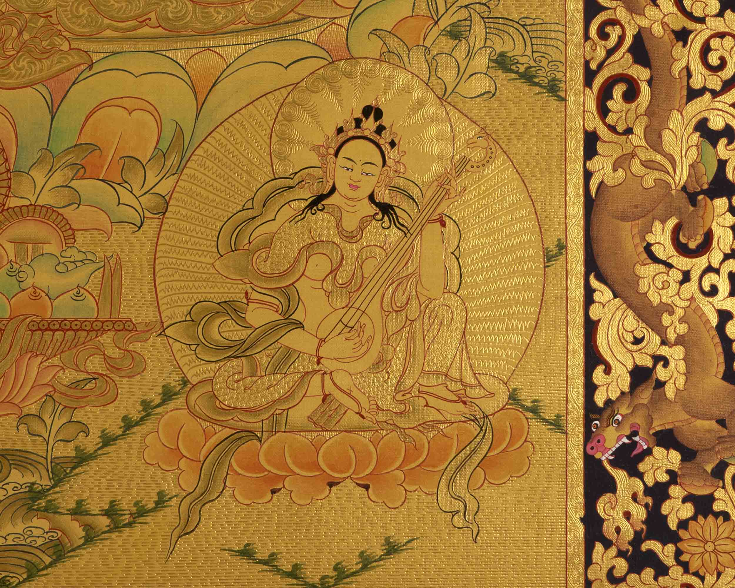 Gold Green Tara Thangka | Religious Buddhist Painting | Wall Decors