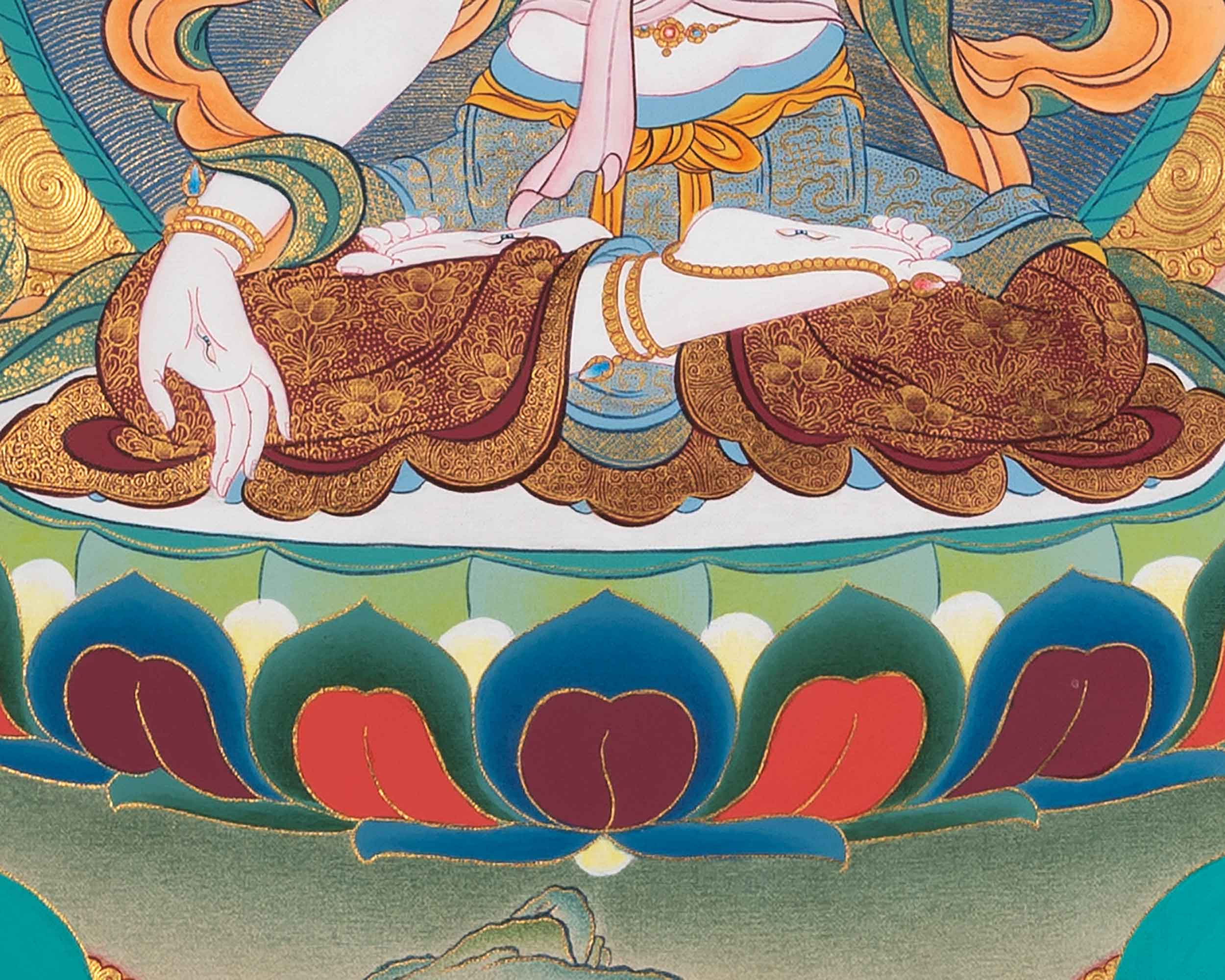 White Tara Meditation Practice Thangka | White Tara With Amitayus and Namgyalma