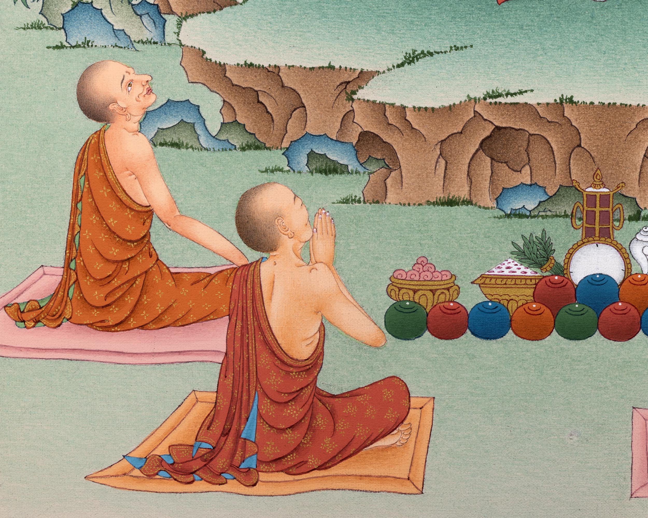 Shakyamuni Buddha with Five Disciples Thangka | Tibetan Buddhist Art