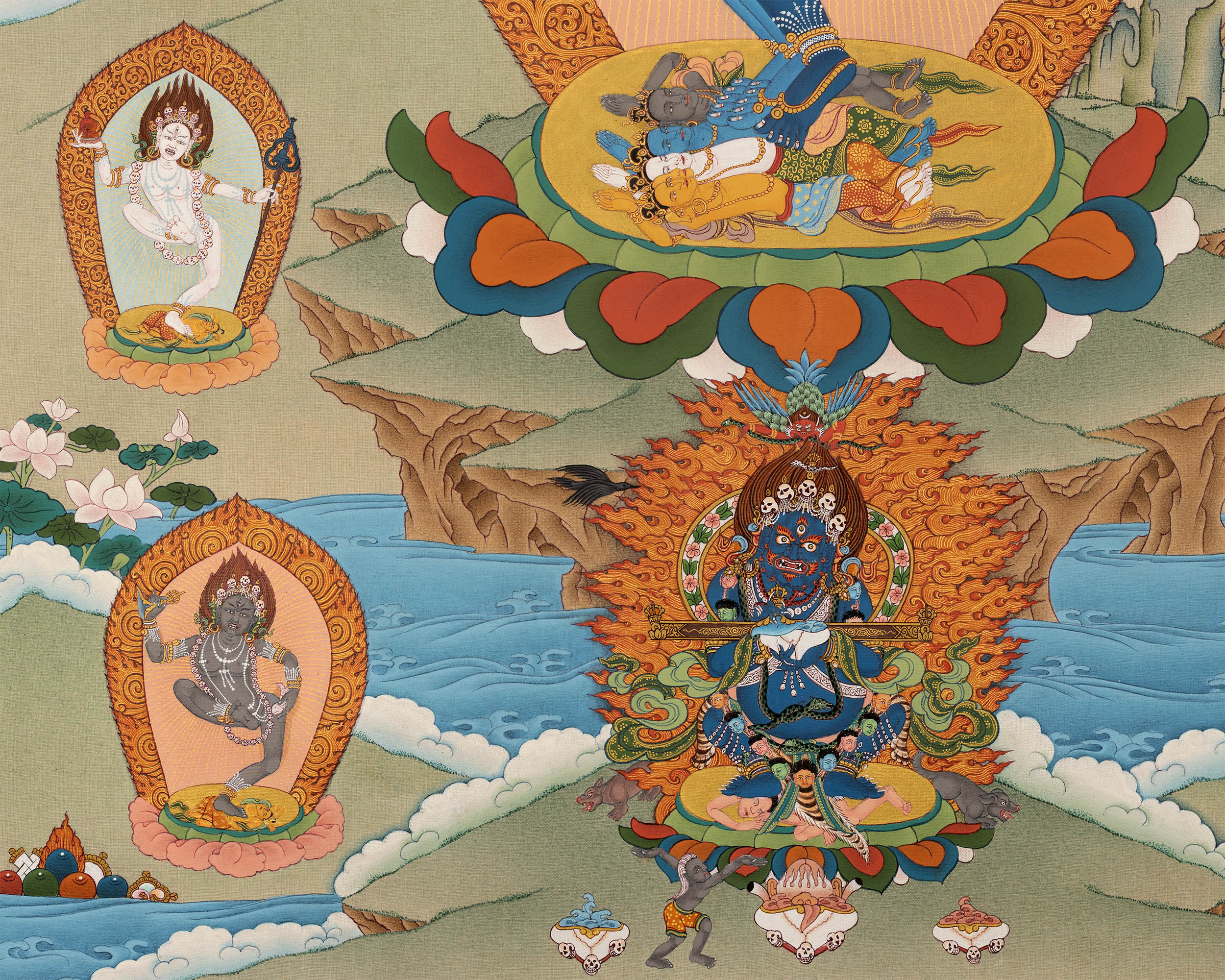 Hevajra with Vajra Nairatmya and the 8 Dakinis, Tibetan Thangka Painting