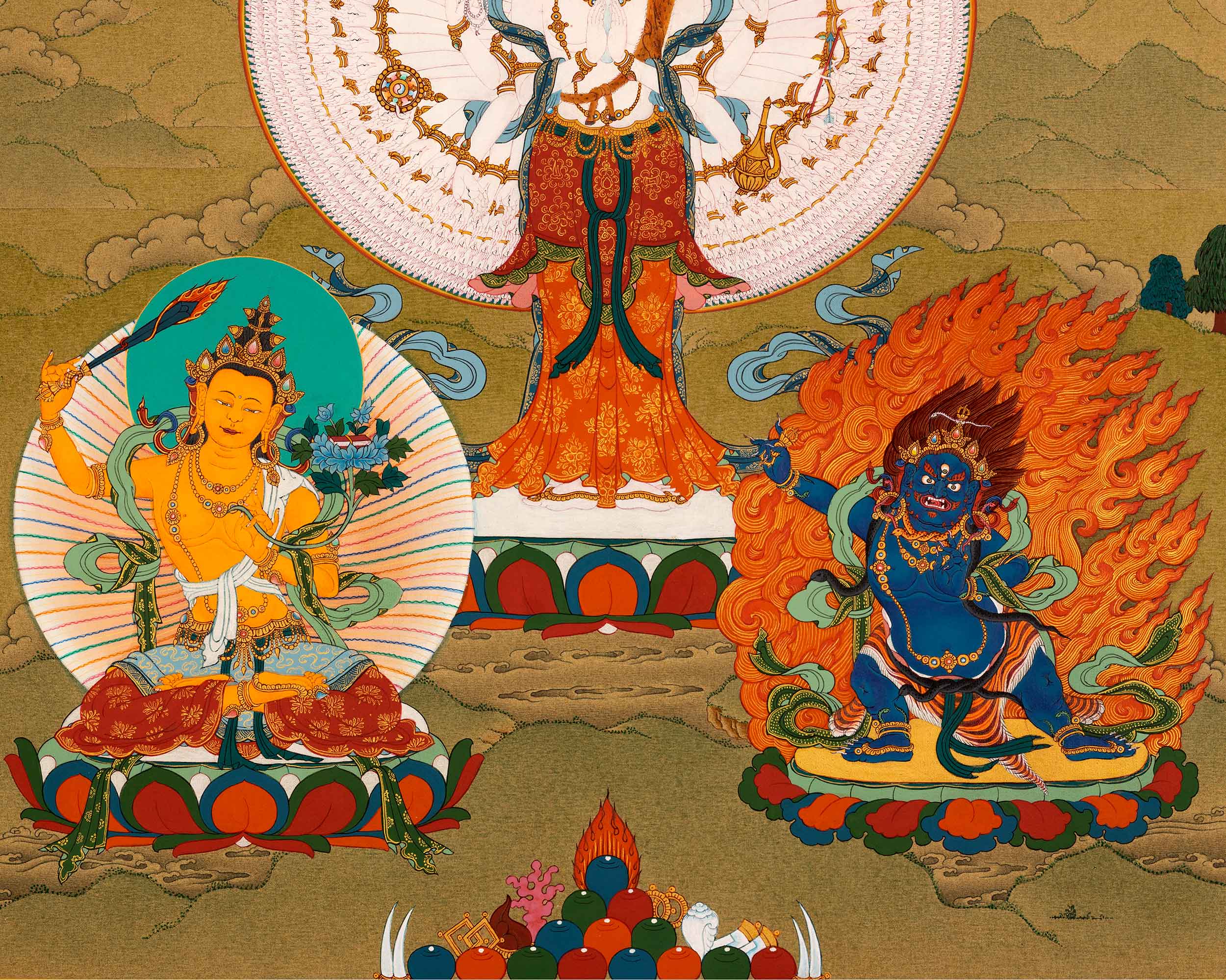 Traditional Chenrezig Avalokiteshvara Thangka | 1000 Armed Chenreizg with Manjushri and Vajrapani