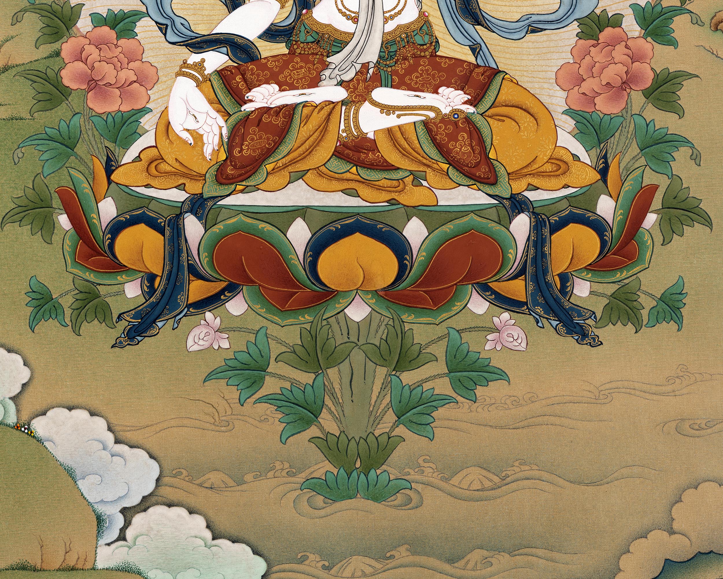 White Tara with Namgyalma, Amitayus Buddha | Treasure Bodhisattva | Tibetan Thangka