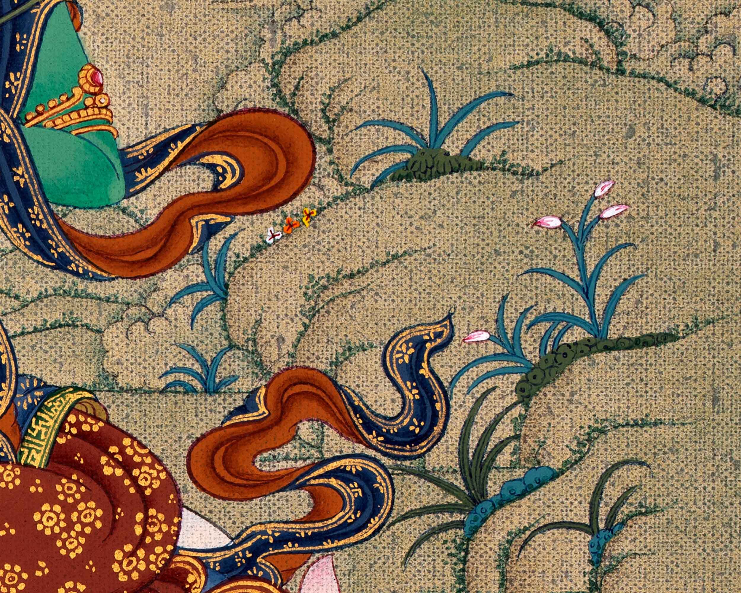 Green Tara, Dolma Tibetan Thangka, Hand Painted Tara in Natural Stone Colors and 24K Gold