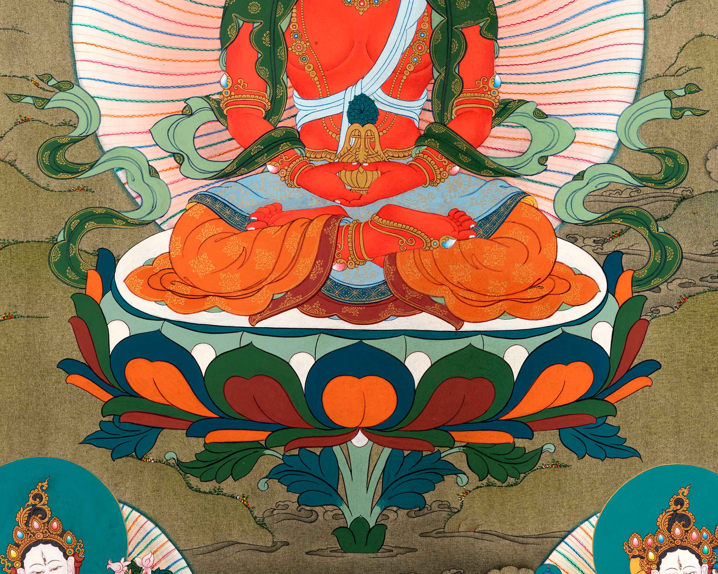 Himalayan Amitayus Long Life Practice Thangka | Buddha Amitayus With White Tara and Namgyalma