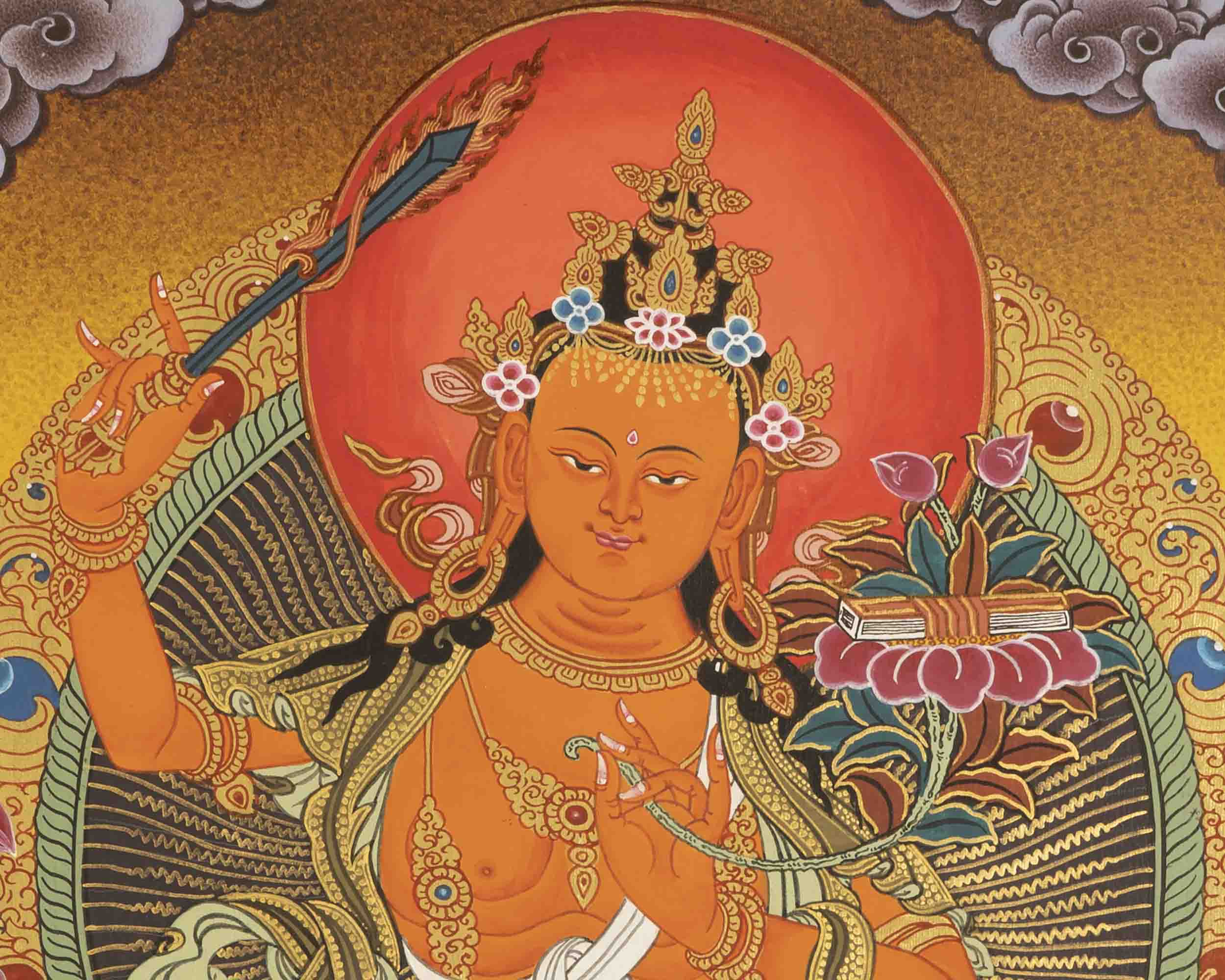 Original Hand Painted Manjushri Bodhisattva Thangka with Brocade | Wall Decoration Painting