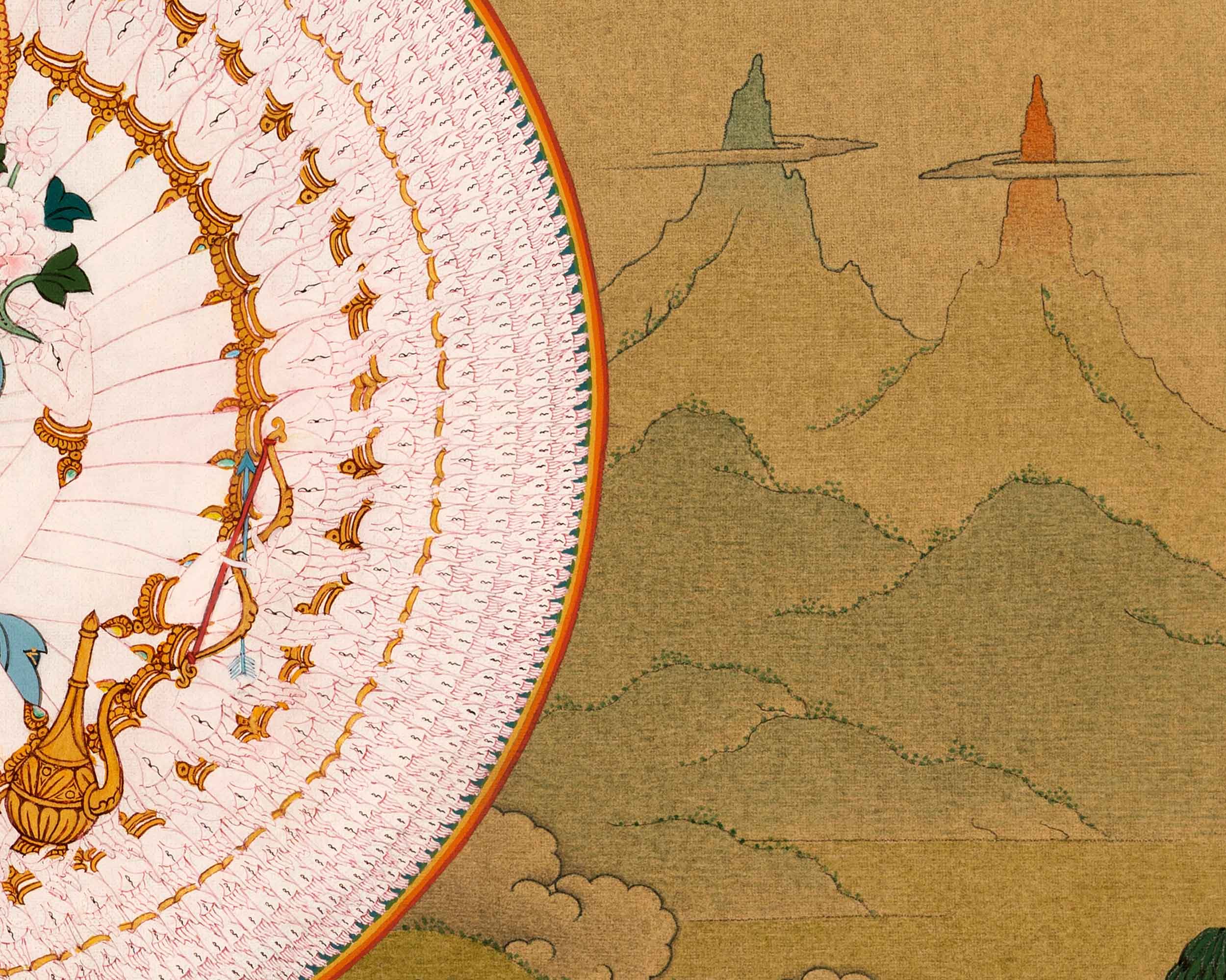 Traditional Chenrezig Avalokiteshvara Thangka | 1000 Armed Chenreizg with Manjushri and Vajrapani