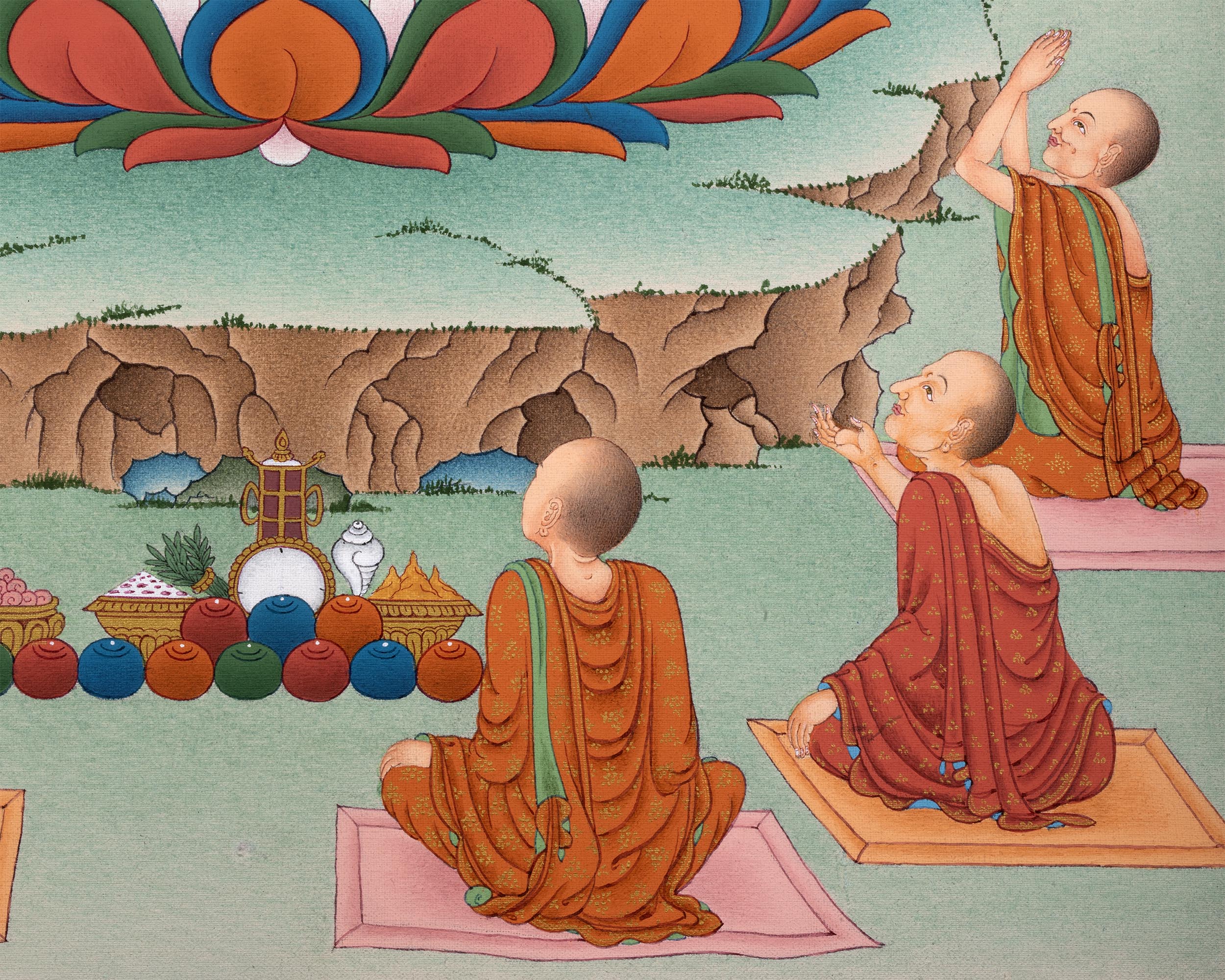 Shakyamuni Buddha with Five Disciples Thangka | Tibetan Buddhist Art