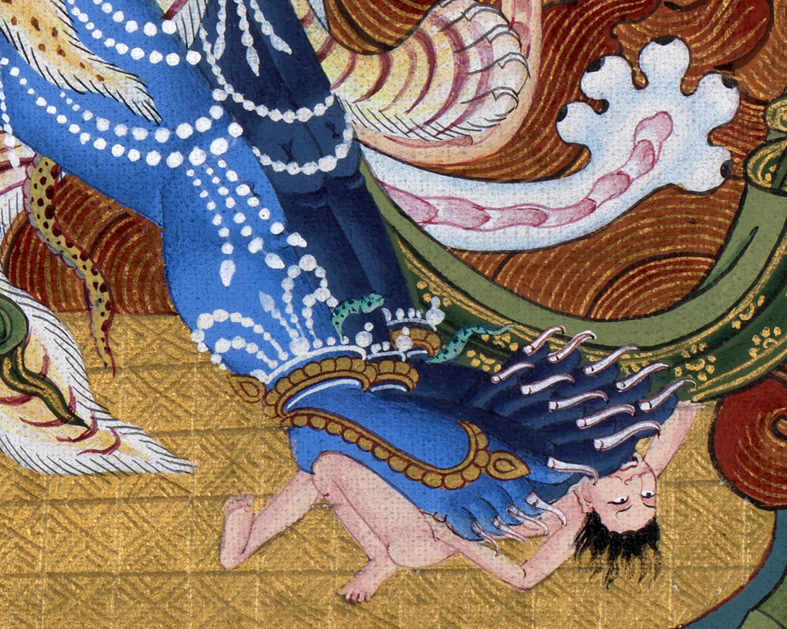 Vajrakilaya Thangka, Hand Painted Traditional Tibetan Wall Painting, Natural Stone colors and 24K Gold (includes Brocade)