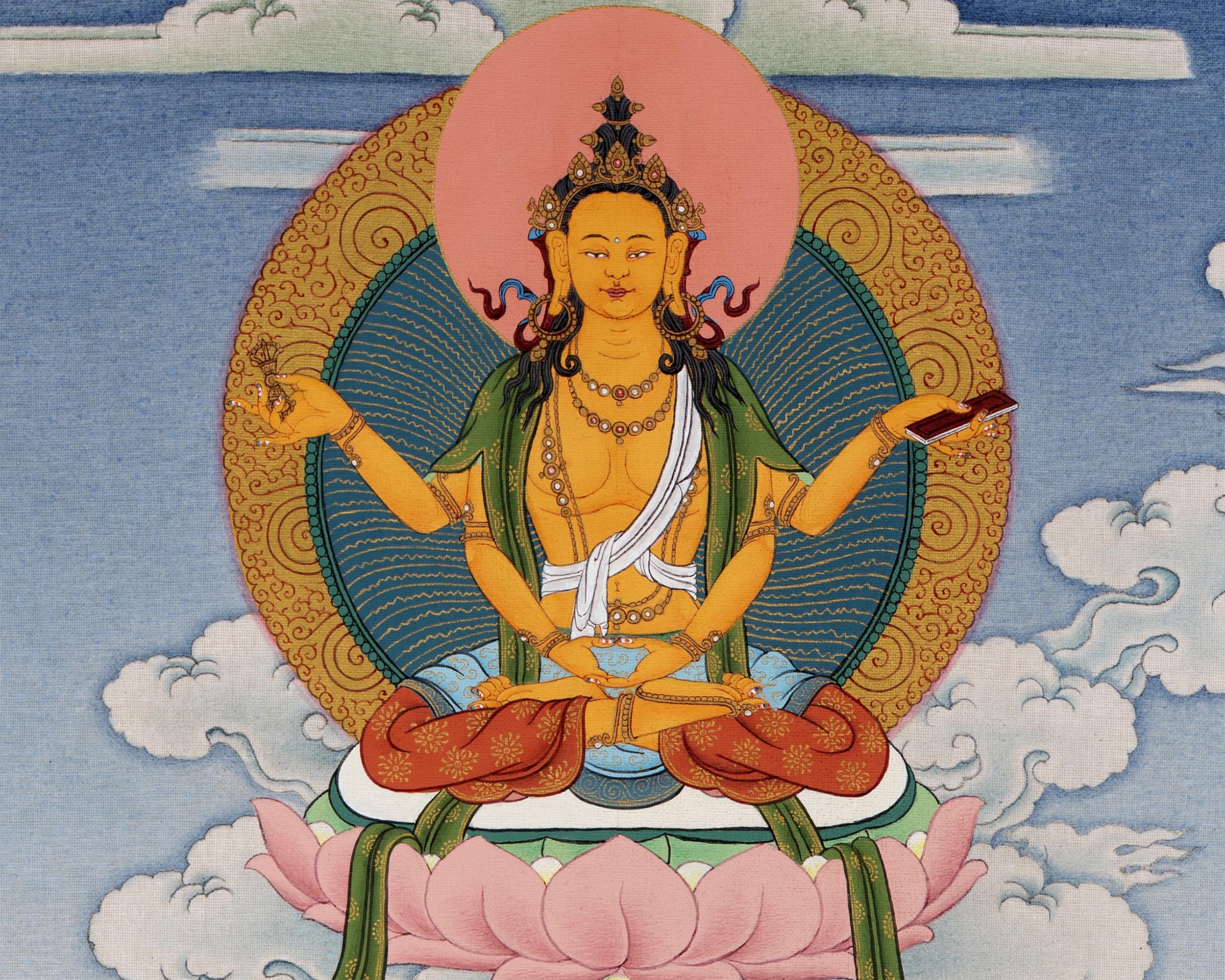 Five Manjushri with Buddha and Bodhisattva Thangka, Tibetan Buddhist Art