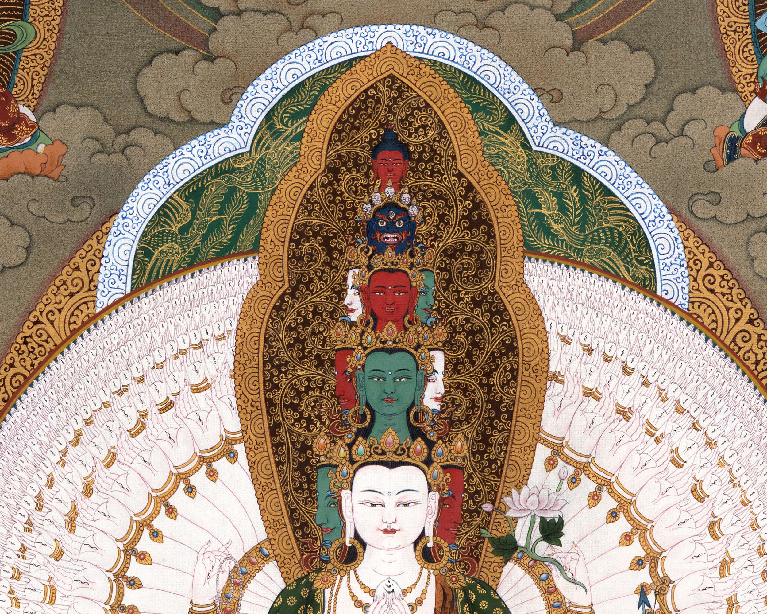 1000 Armed Chenrezig With Buddha and Bodhisattva | Avalokiteshvara Thangka Painting