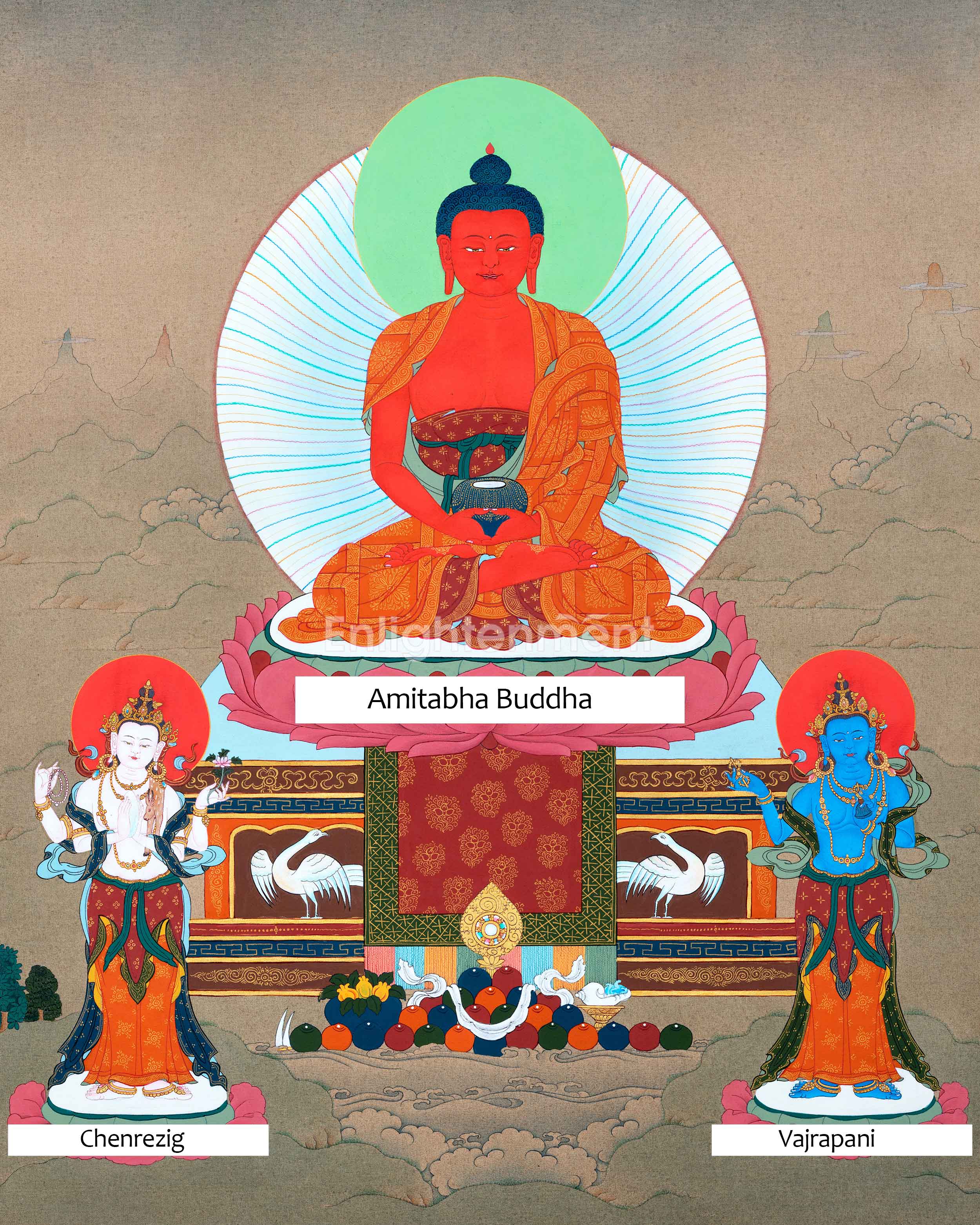 Namo Amitabha Buddha Thangka For Daily Meditation | Traditionally Hand-Painted Art Of Amitabha With Chenrezig and Vajrapani