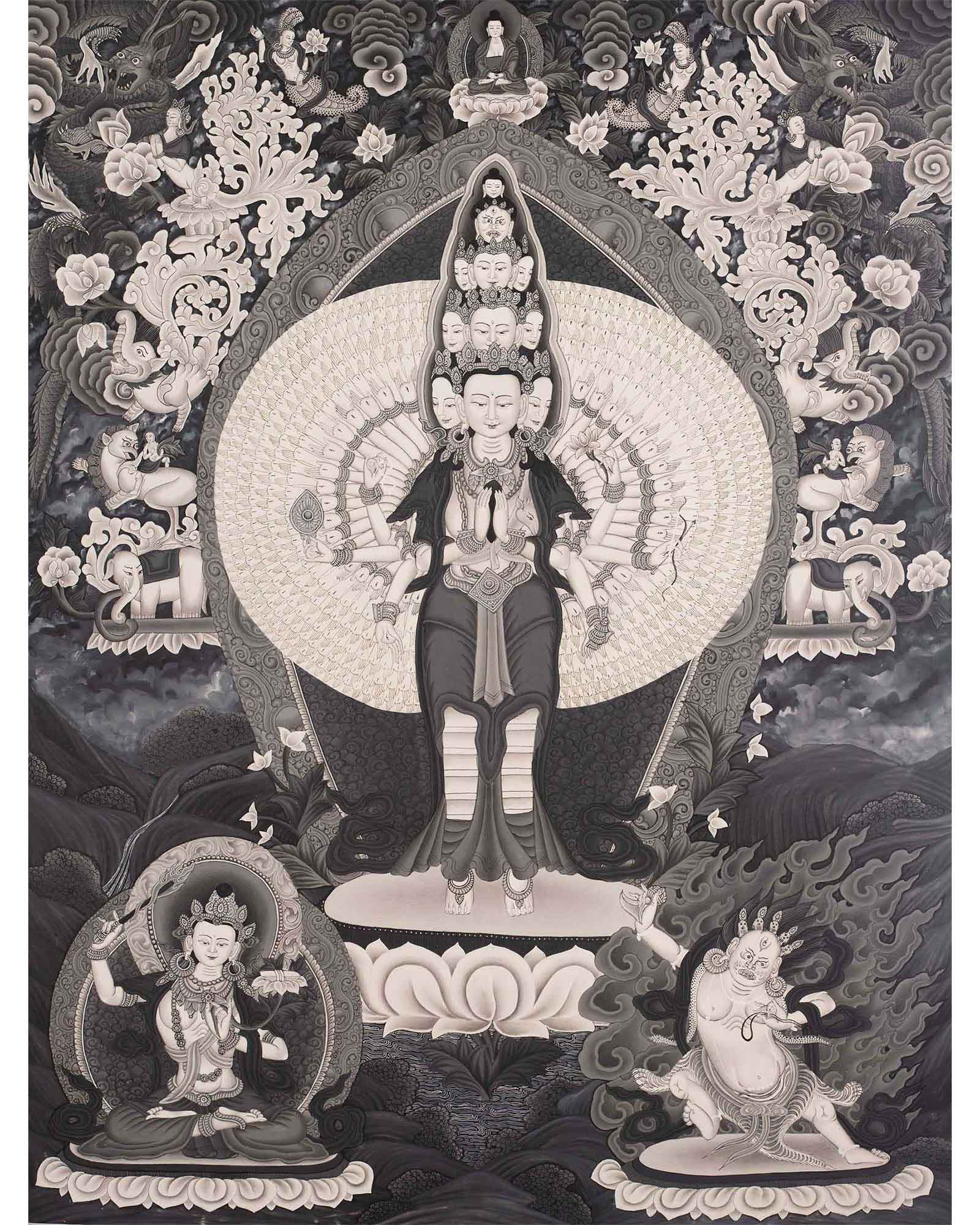 Avalokiteshvara Bodhisattva | Black White Painting Thangka