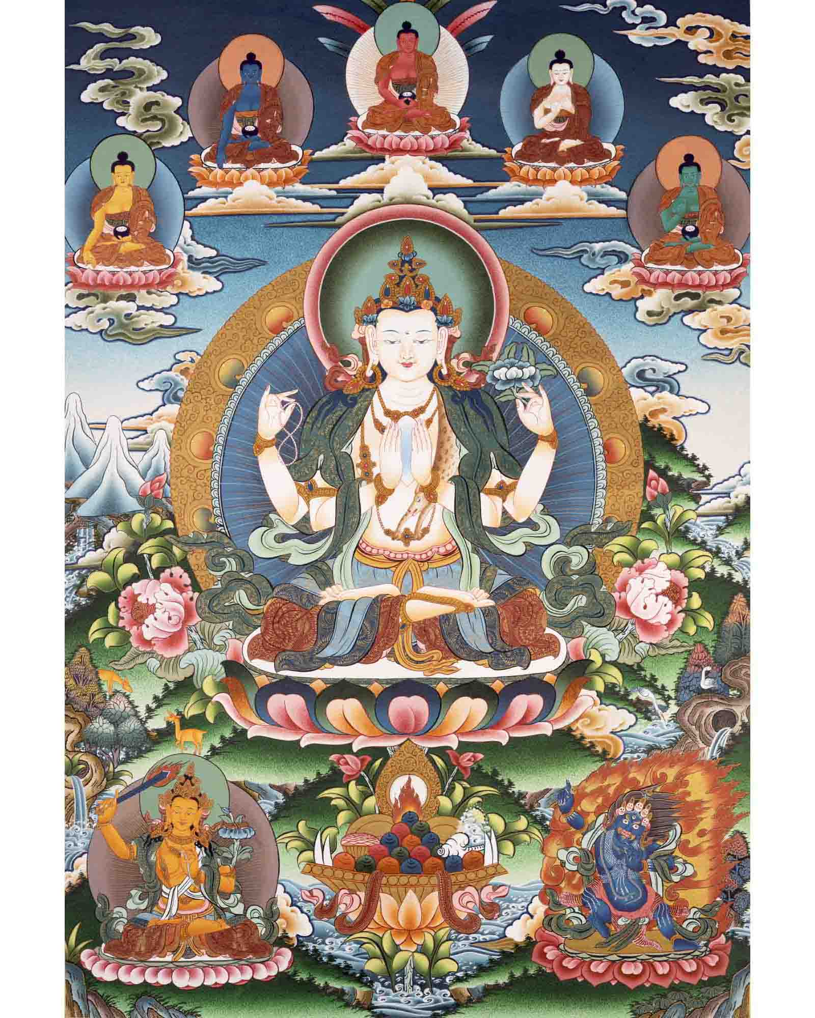 Avalokiteshvara Chenresig Thangka | Buddhist Religious Art | Wall Decors