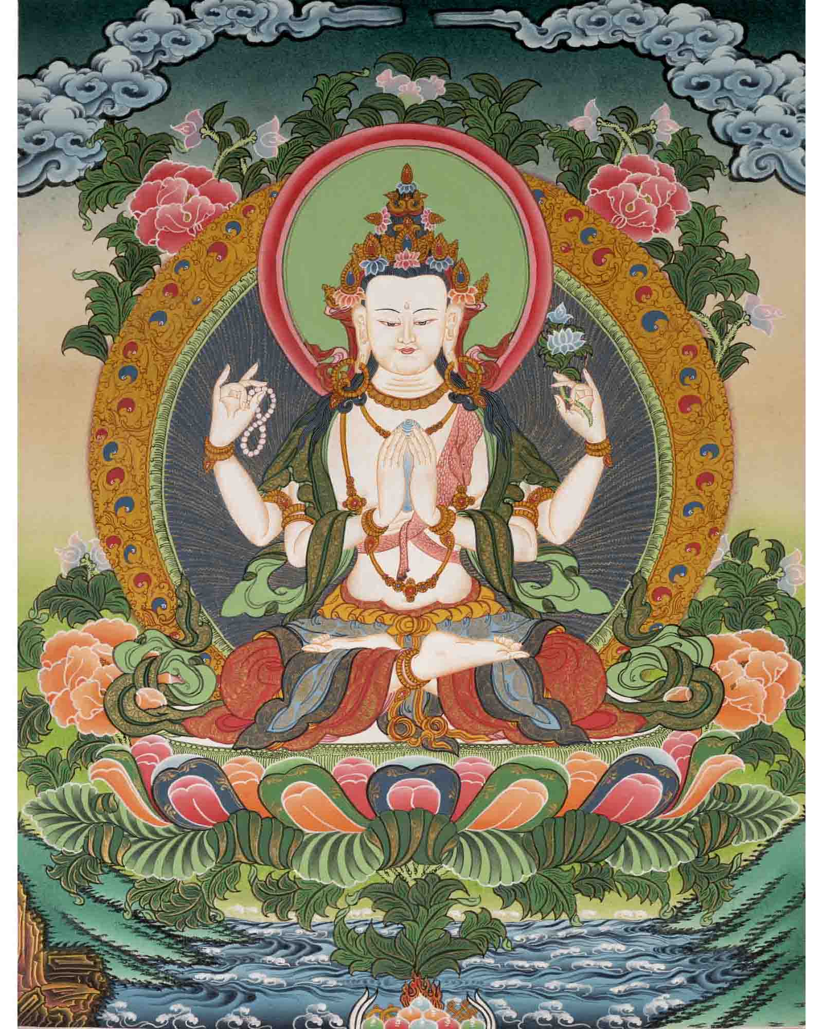 Avalokiteshvara Chengrezig | Bodhisattva Of Compassion | Traditional Tibetan Paint