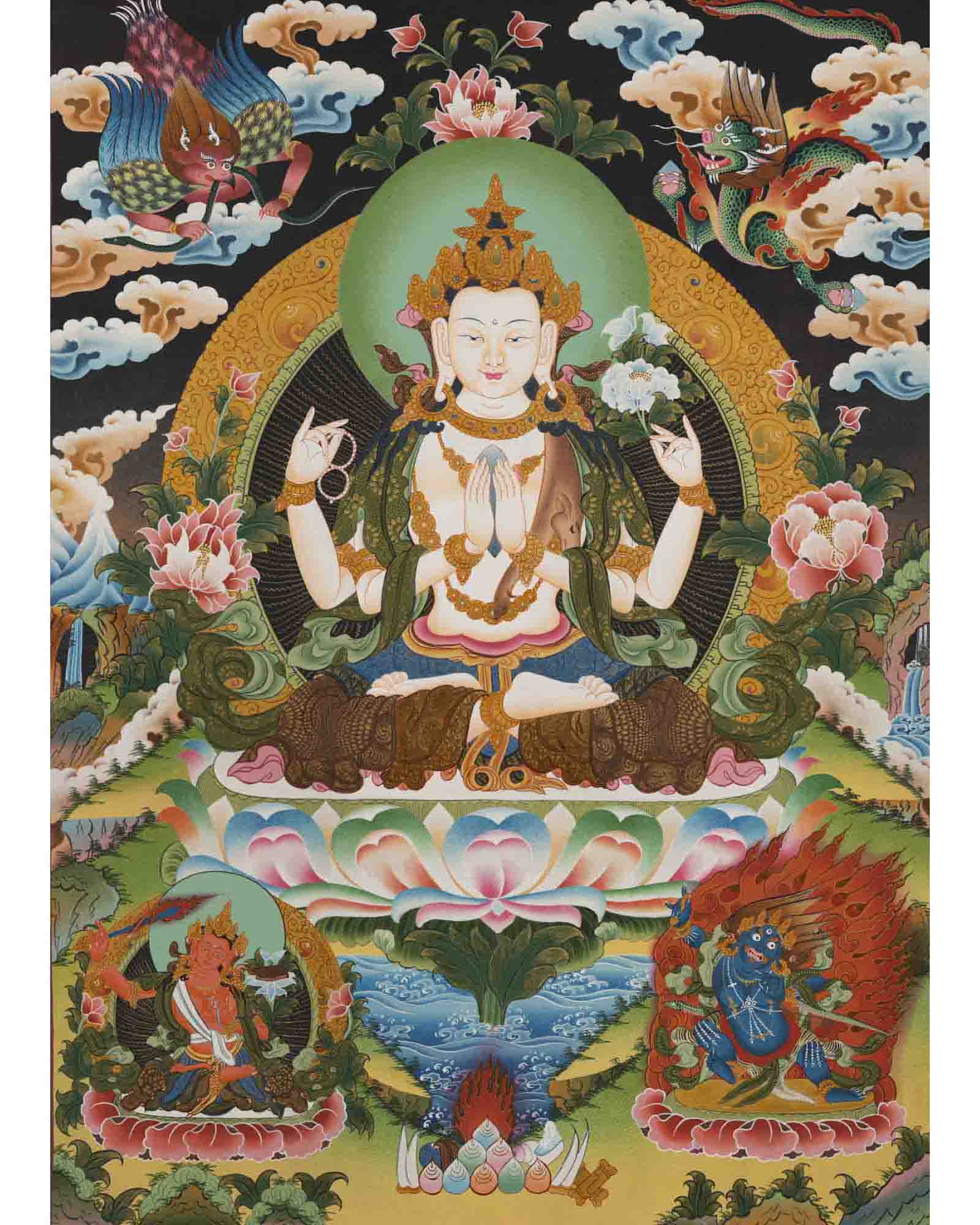 Avalokitesvara Chenresig Thangka | Religious Buddhist Art | Wall Decor