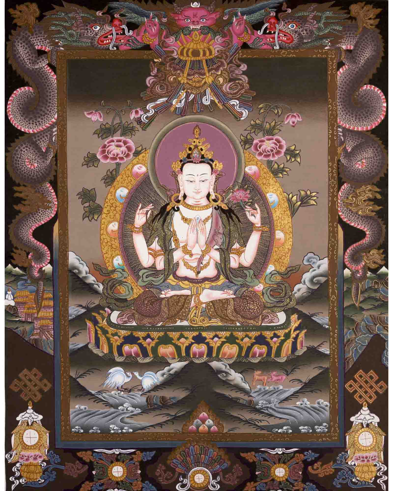 Avalokitesvara Chenrrsig Thangka | Bodhisattva Of Compassion | Wall Decors