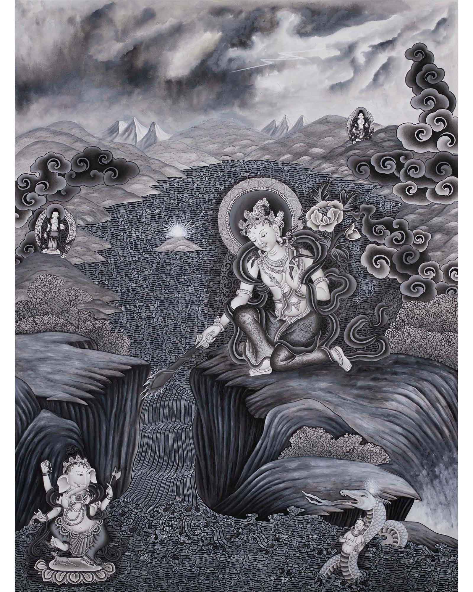 Boddhisattva Manjushree Thangka Creating Kathmandu Valley With The Self Born Light Swayambhu | Newari Style Black And White Wall Deco Art
