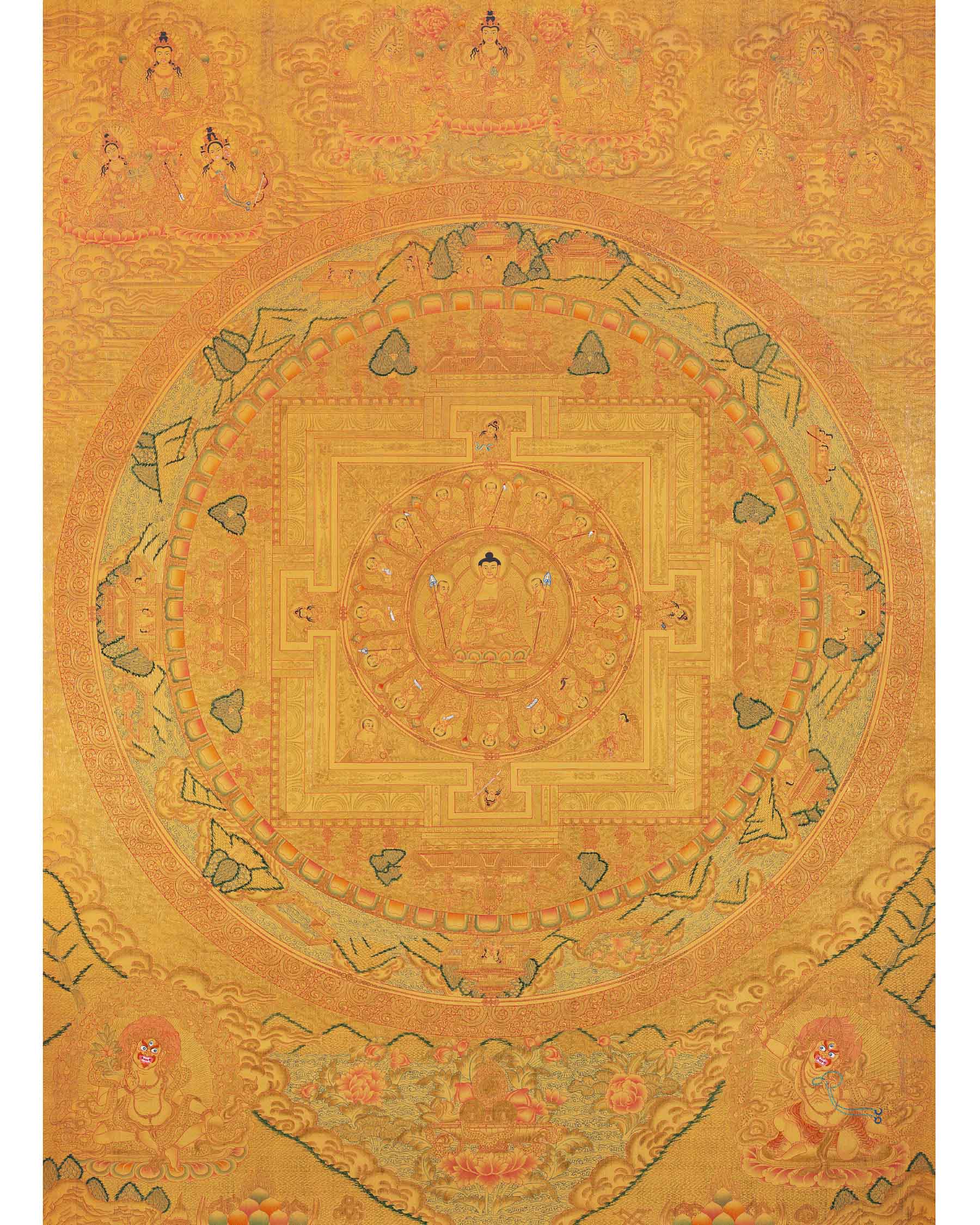 Shakyamuni Buddha Mandala Thangka with Pure 24k Golden Embellishment | Wall Hanging Yoga Meditation Canvas Art | Spiritual Gift Idea