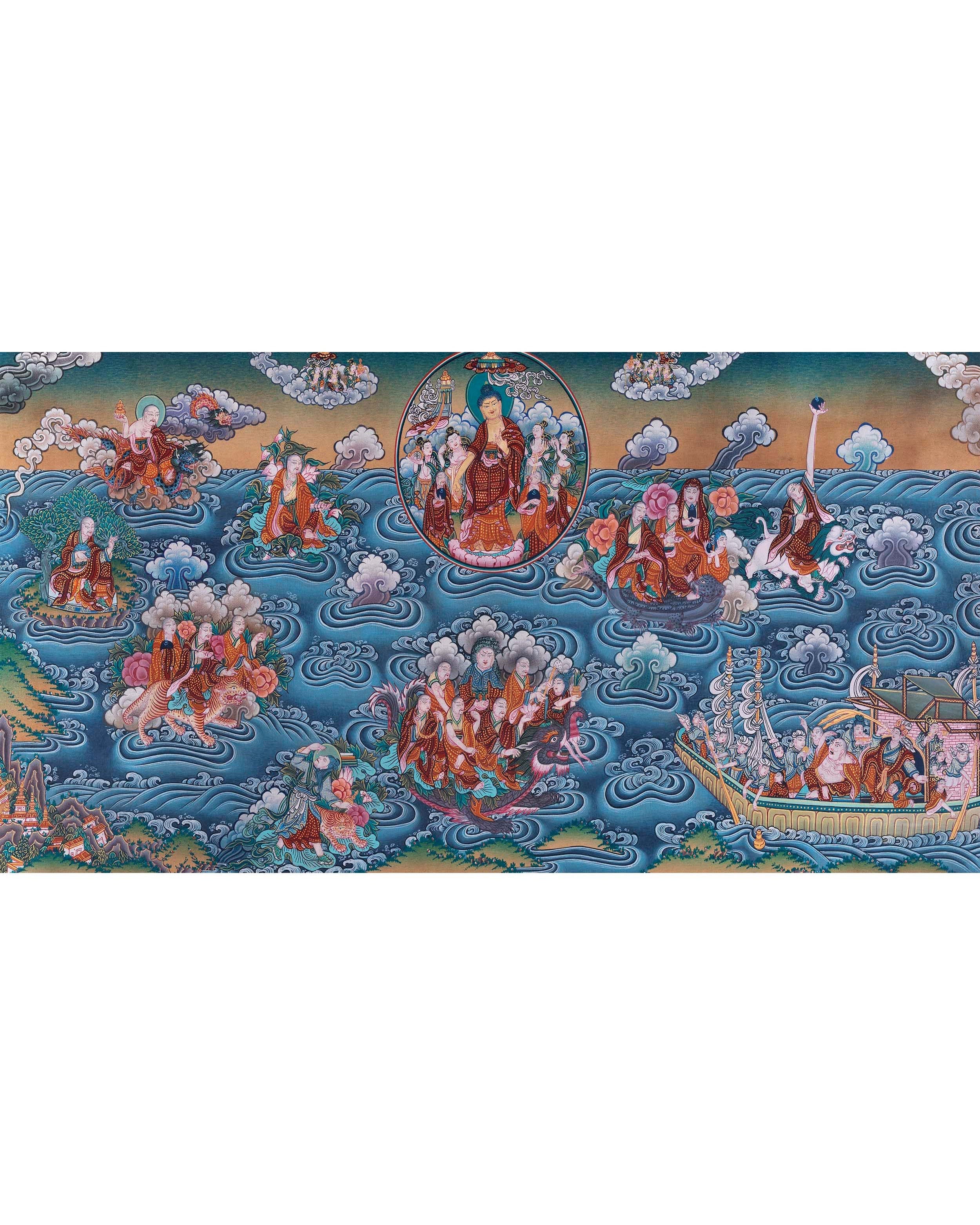Buddha with 16 Arthats Thangka | Original Hand Painted Tibetan Wall hanging Decoration for Peace | Landscape Art