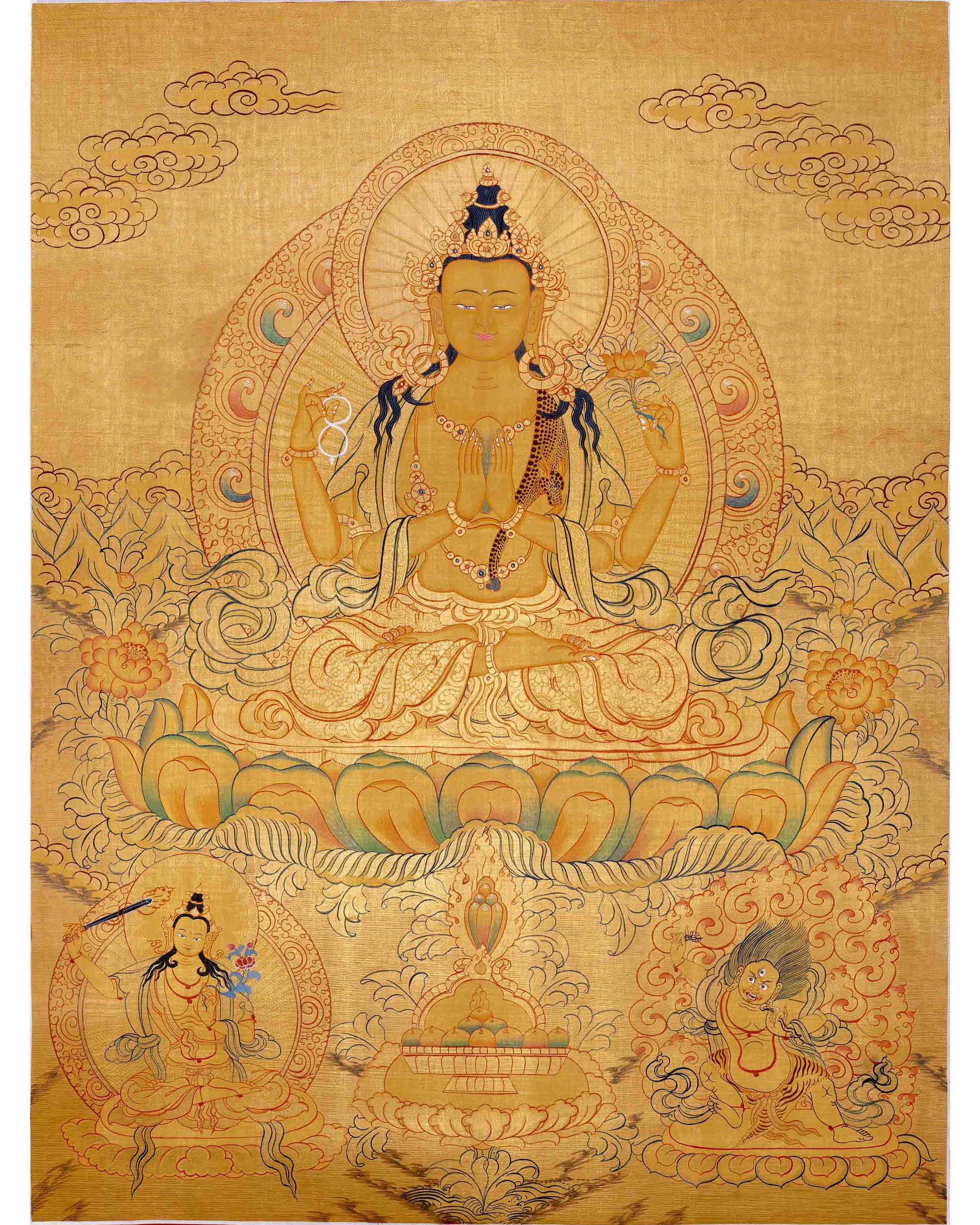 24K Gold Style Avalokitesvara Chengrezig Thangka | Wall Decor
