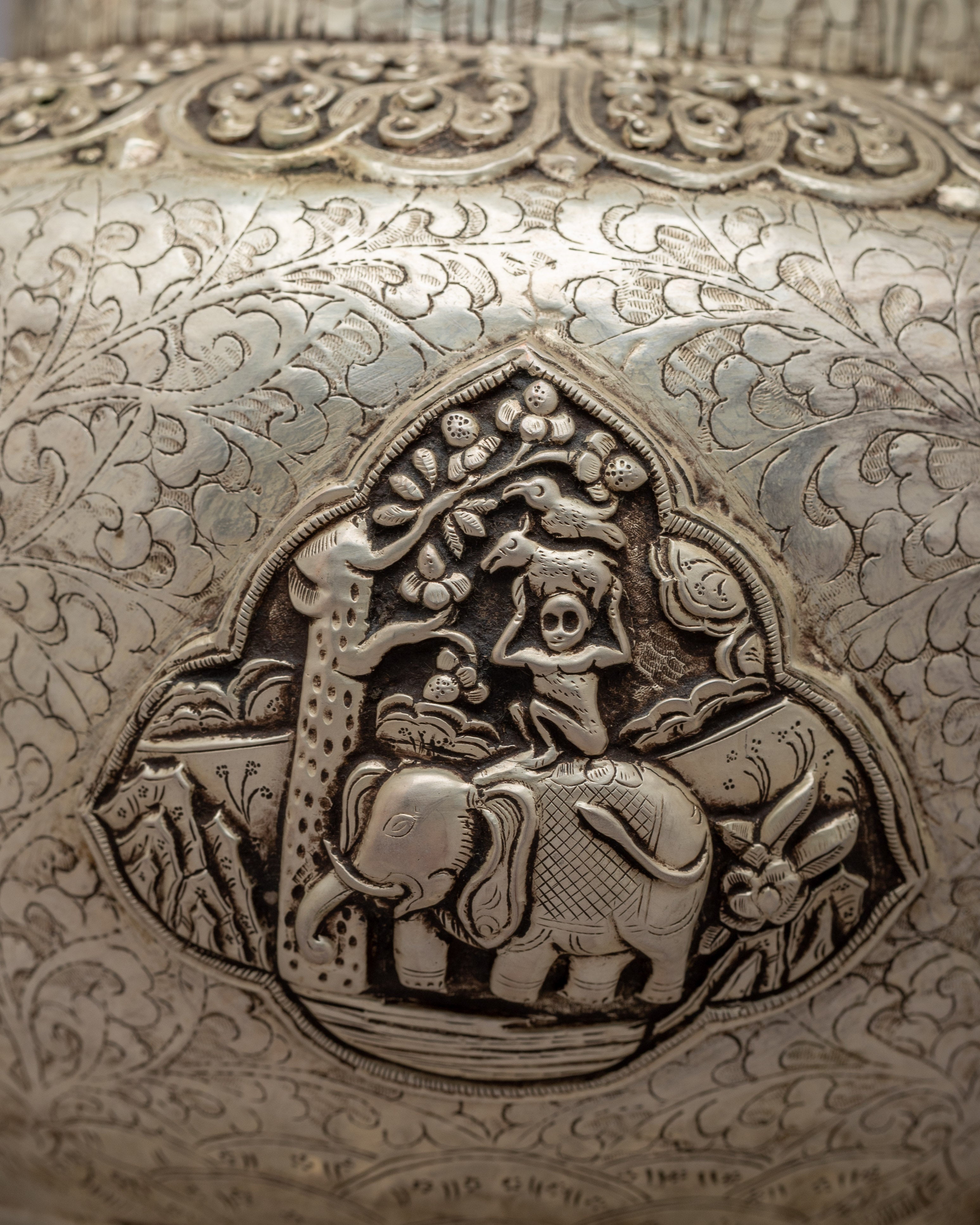 Auspicious Symbol Carved Silver Plated Tea Pot - Evamratna