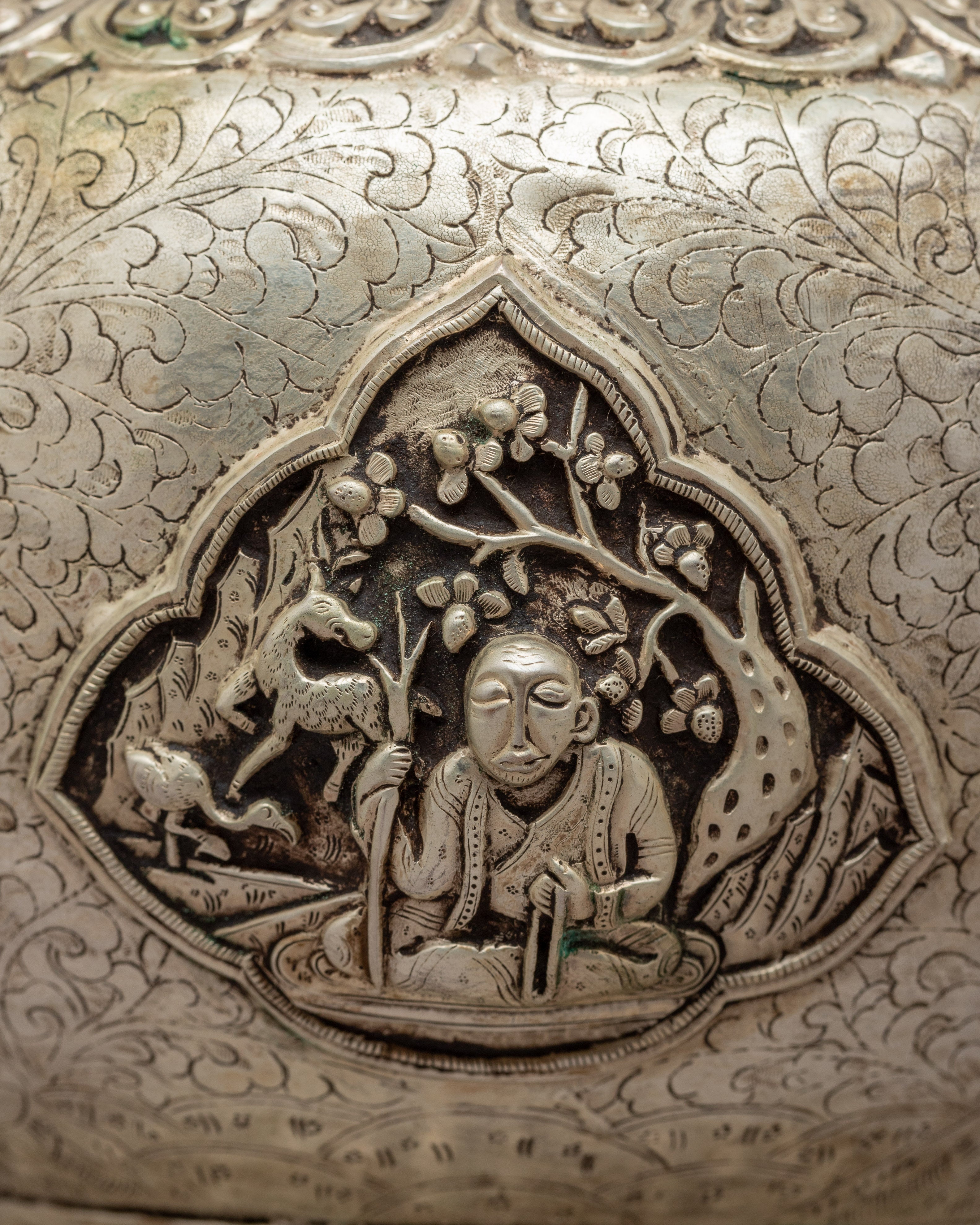 Auspicious Symbol Carved Silver Plated Tea Pot - Evamratna
