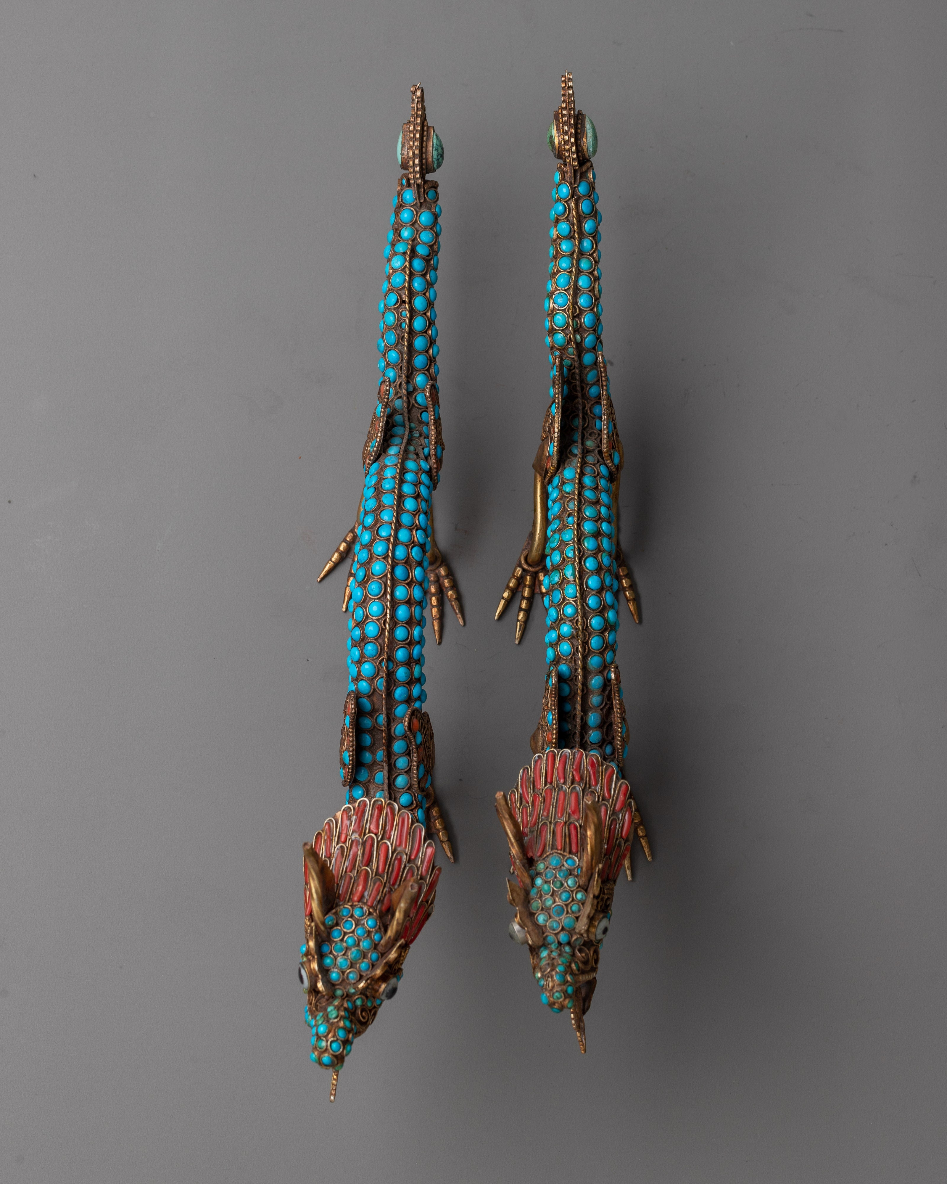 Chinese Dragon Statue Set | Copper Statues Adorned with Gemstones