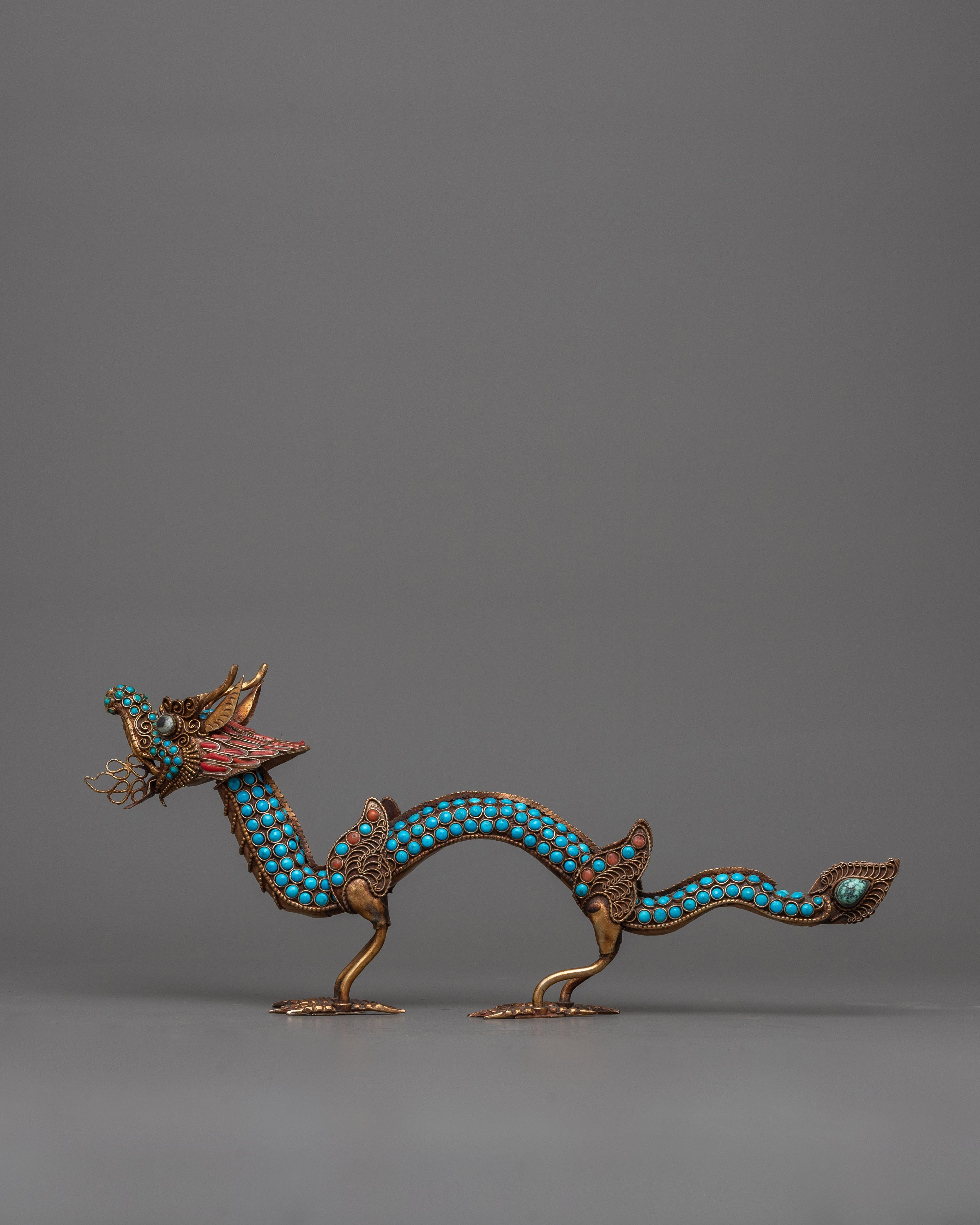 Chinese Dragon Statue Set | Copper Statues Adorned with Gemstones