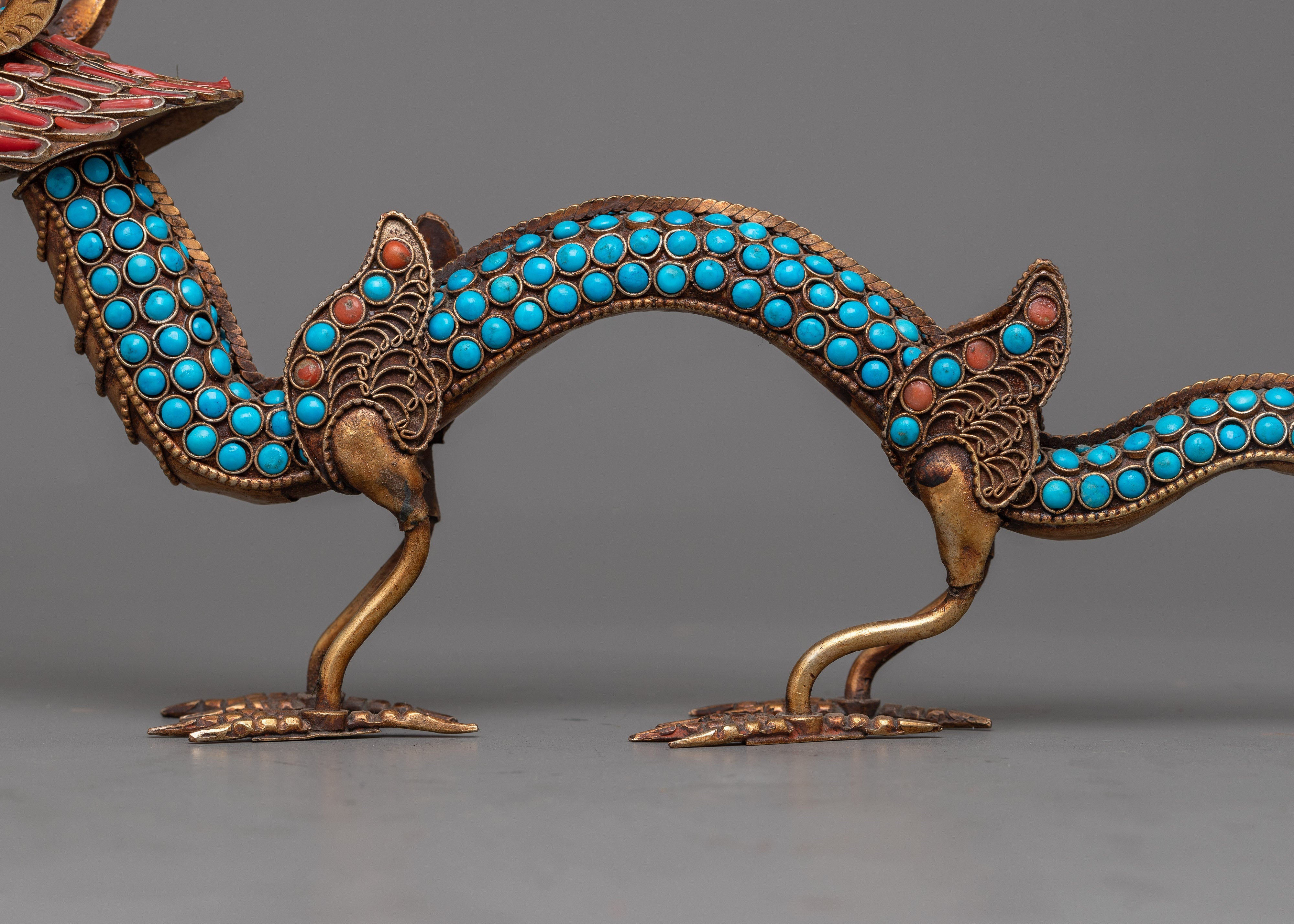 Chinese Dragon Statue Set | Copper Statues Adorned with Gemstones