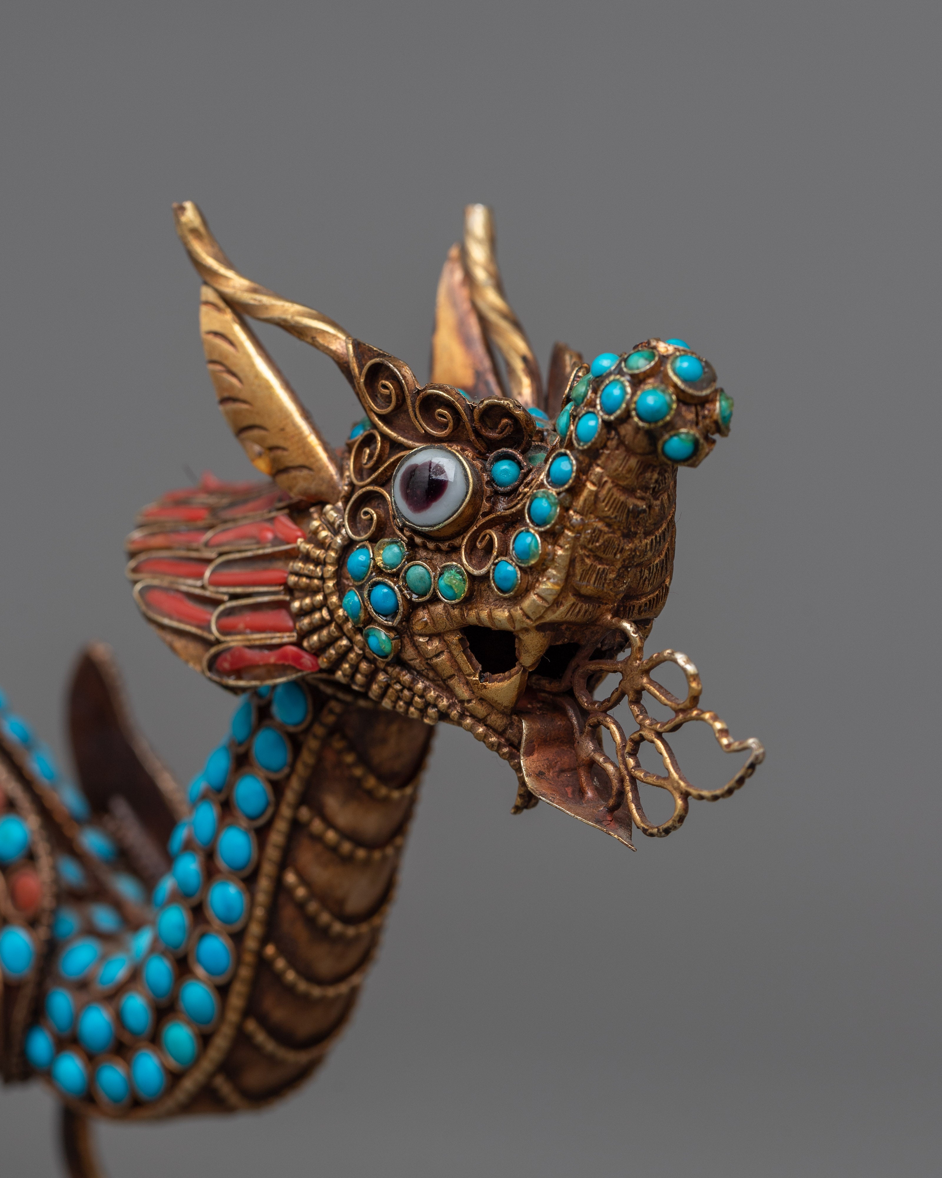 Chinese Dragon Statue Set | Copper Statues Adorned with Gemstones