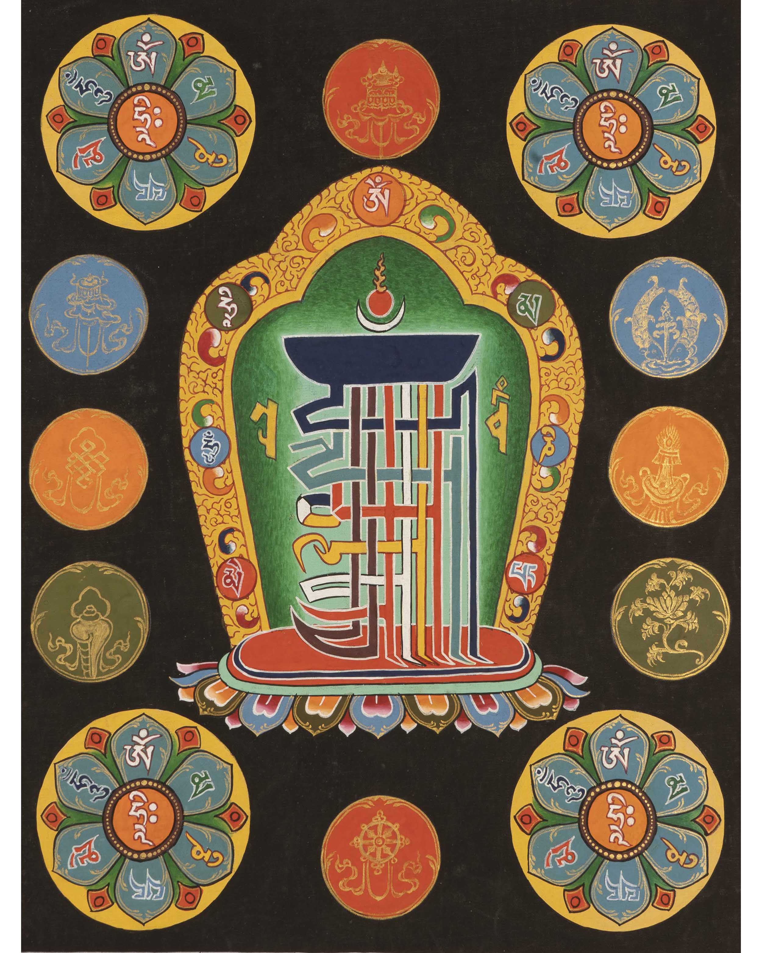 Eight Auspicious Symbol Thangka | Religious Mantra Art