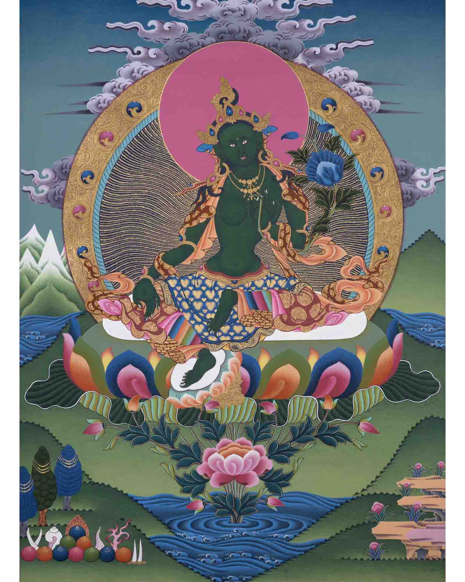 Female Bodhisattva Tara | Green Tara Thangka | Wall Decoration Art