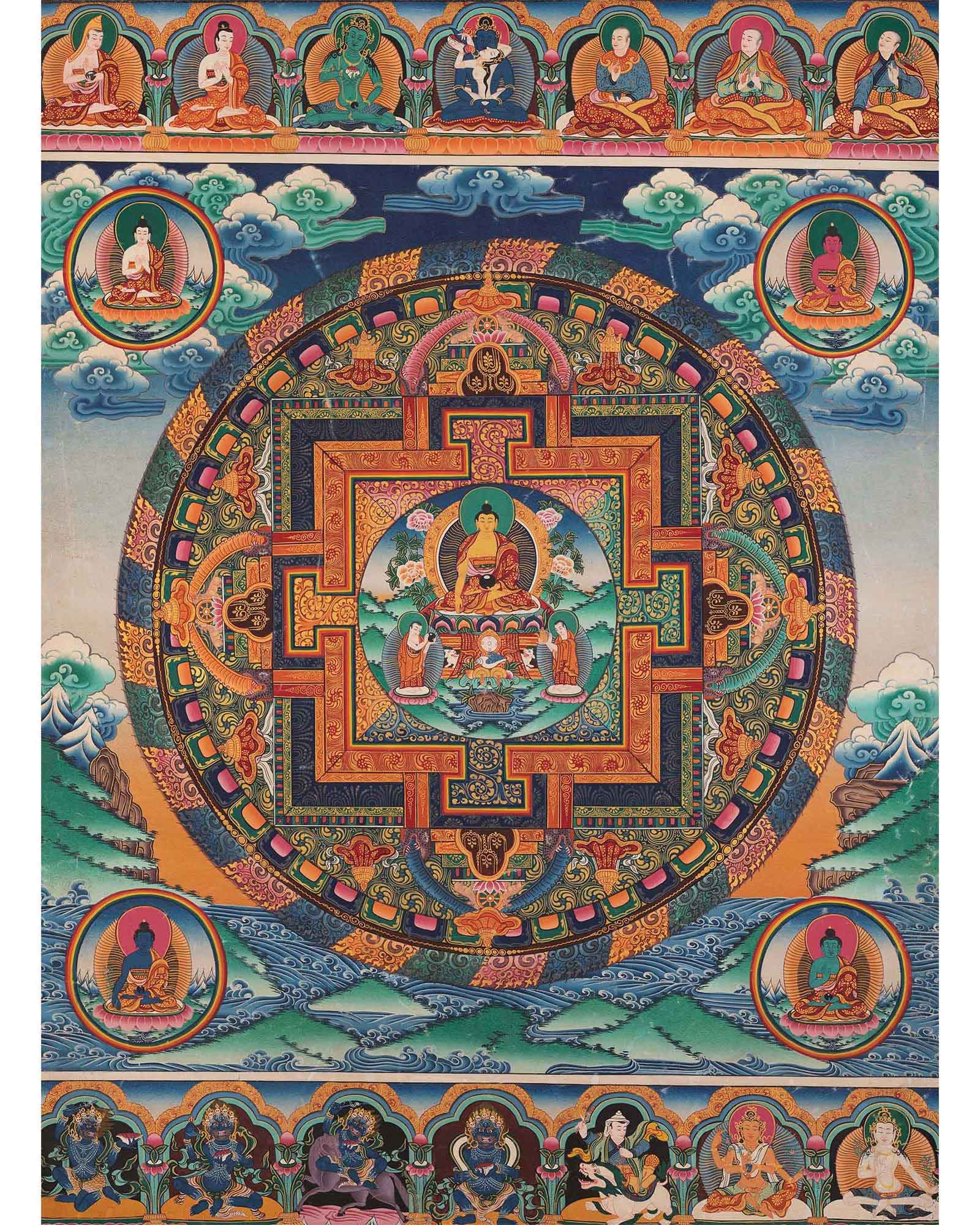Five Dhyani Buddha Mandala | Vintage Handmade Thangka Painting