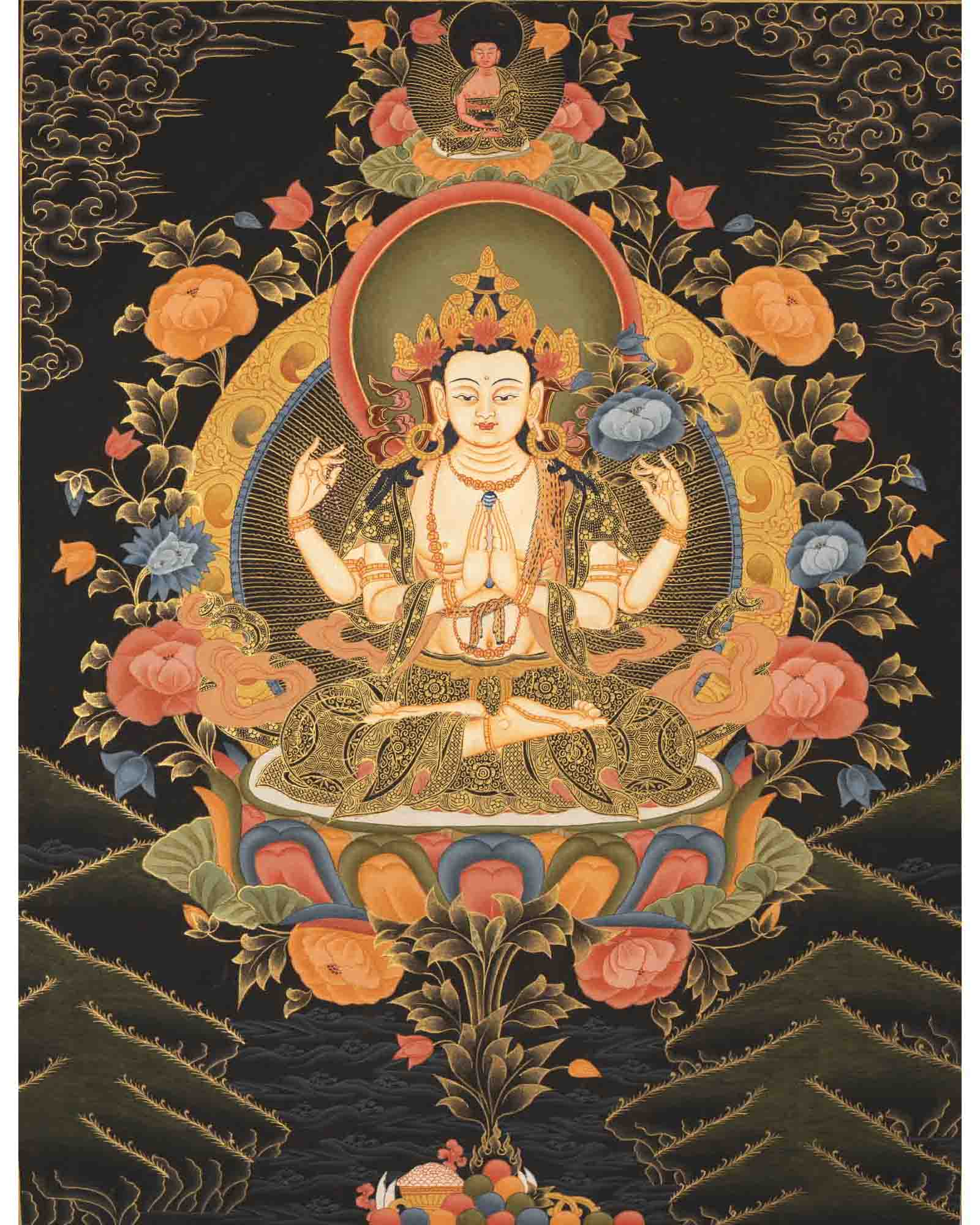 Four Armed Chenrezig Thangka | Tibetan Avalokiteshvara of compassion