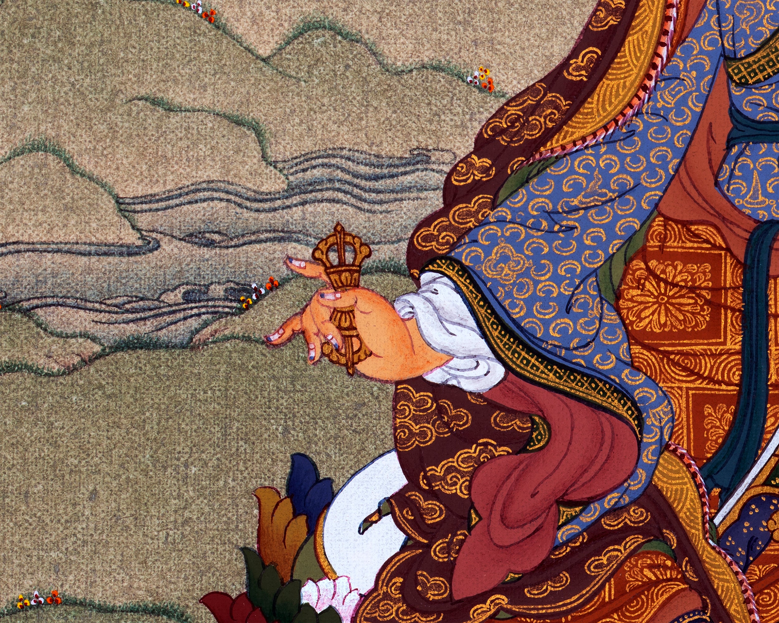 Guru Rinpoche, Padmasambhava Thangka, Hand Painted Tibetan Buddhist Painting in 24K Gold