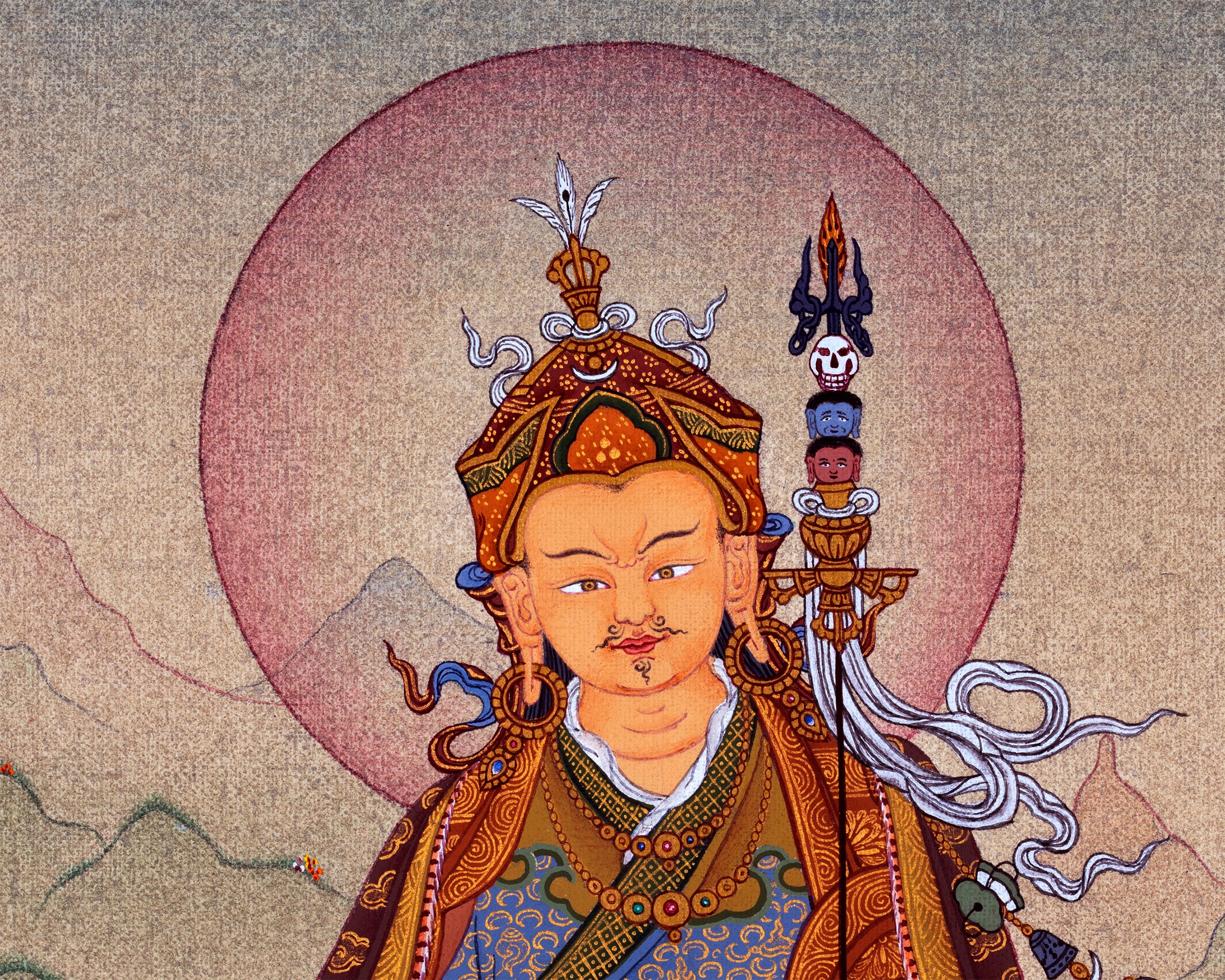 Guru Rinpoche, Padmasambhava Thangka, Hand Painted Tibetan Buddhist Painting in 24K Gold