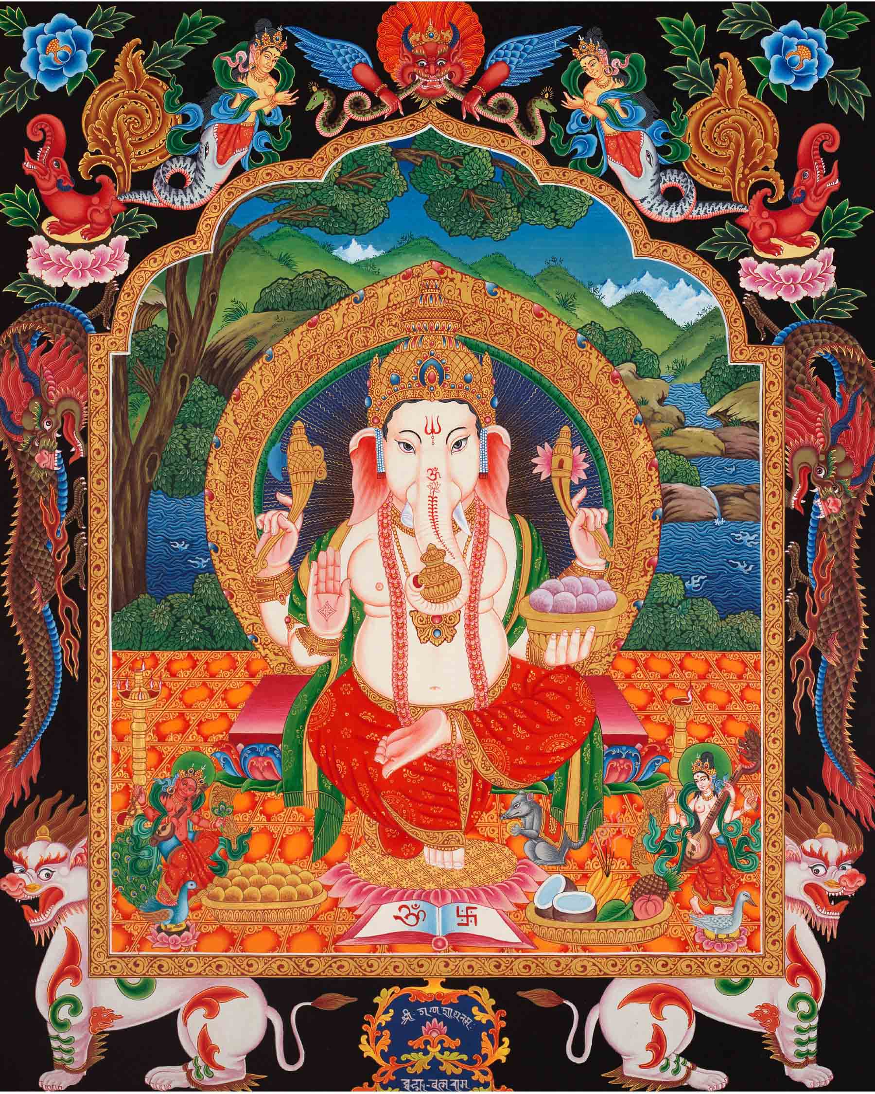 Ganesh Thangka Painting With Kartikeya and Saraswati | Original Hand Painted Ganapati Baba Canvas Art | Wall Hanging Religious Gift