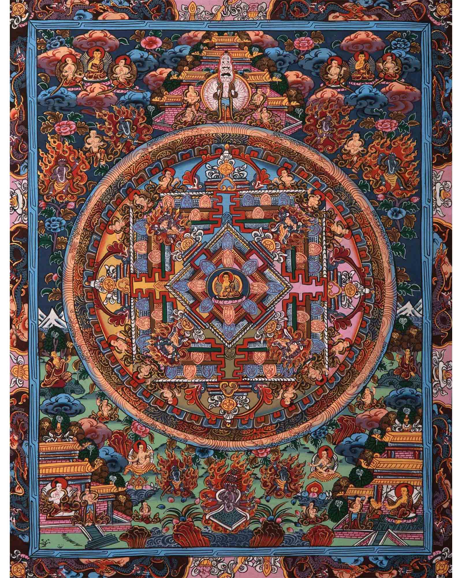 Gold Buddha Mandala Thangka | Original Hand Painted Small Sized Buddhist Thangka | Tibetan Wall Decoration Painting | 43x33 CMS