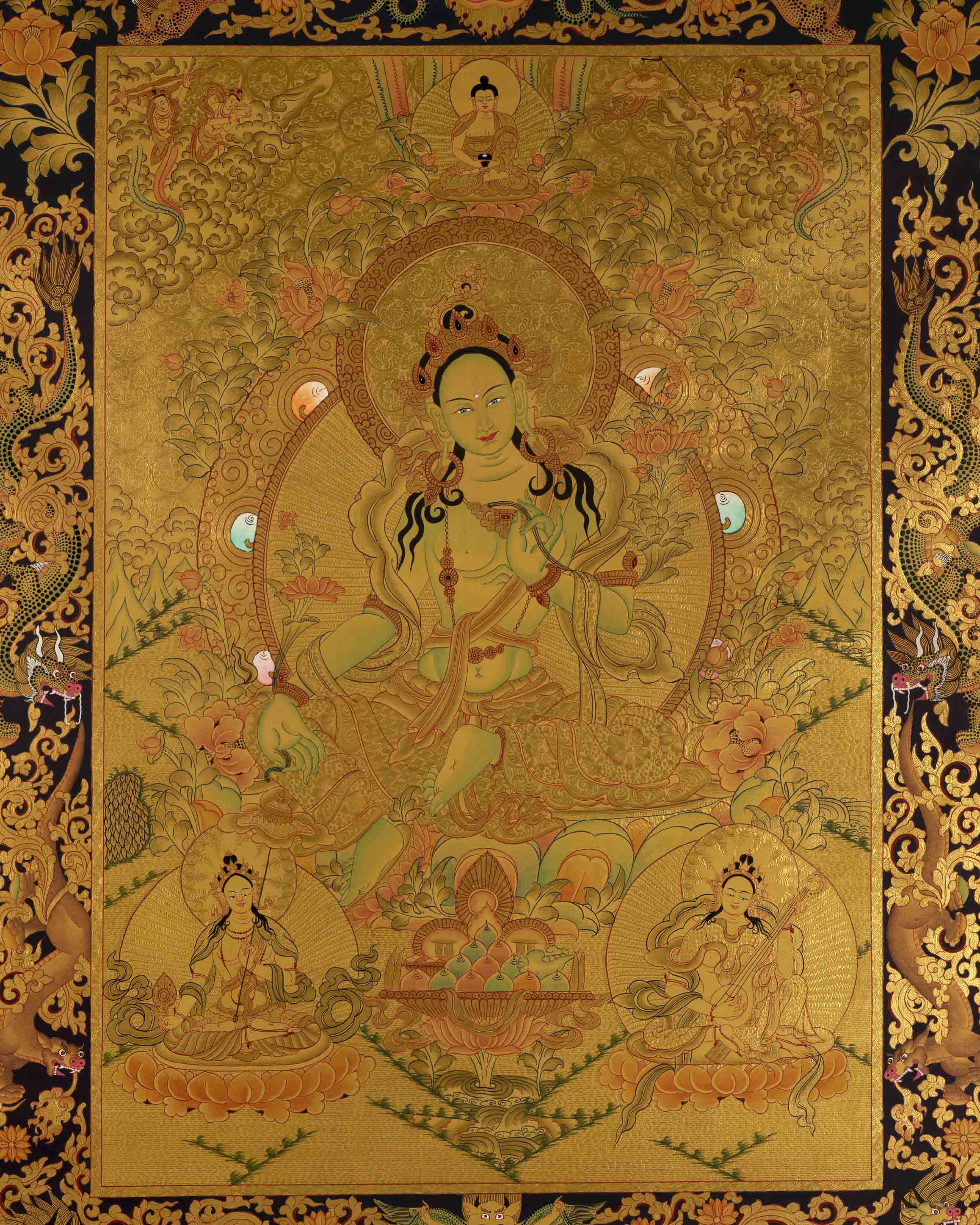 Gold Green Tara Thangka | Religious Buddhist Painting | Wall Decors