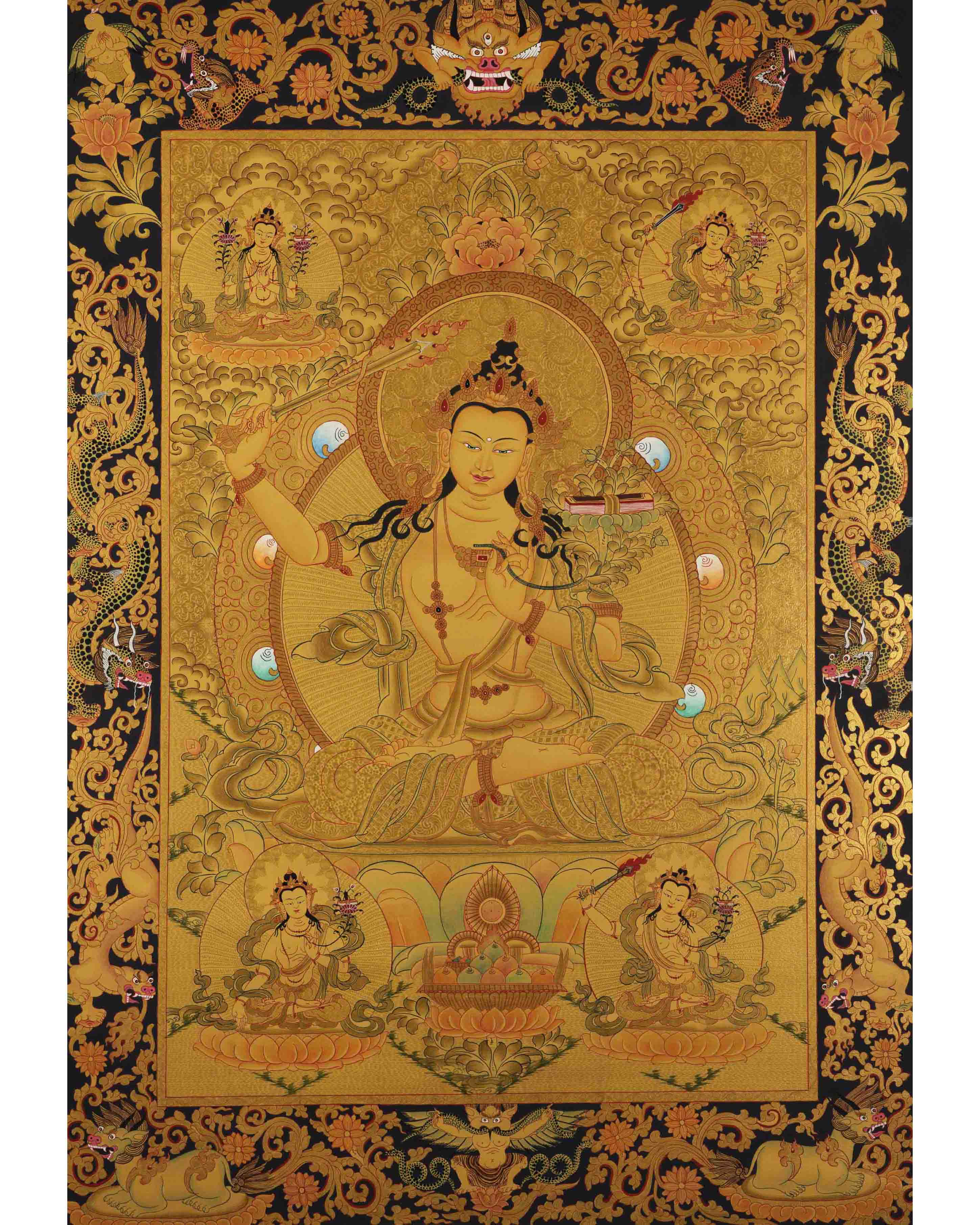 Gold Manjushree Thangka | Hand Painted Bodhisattva Art