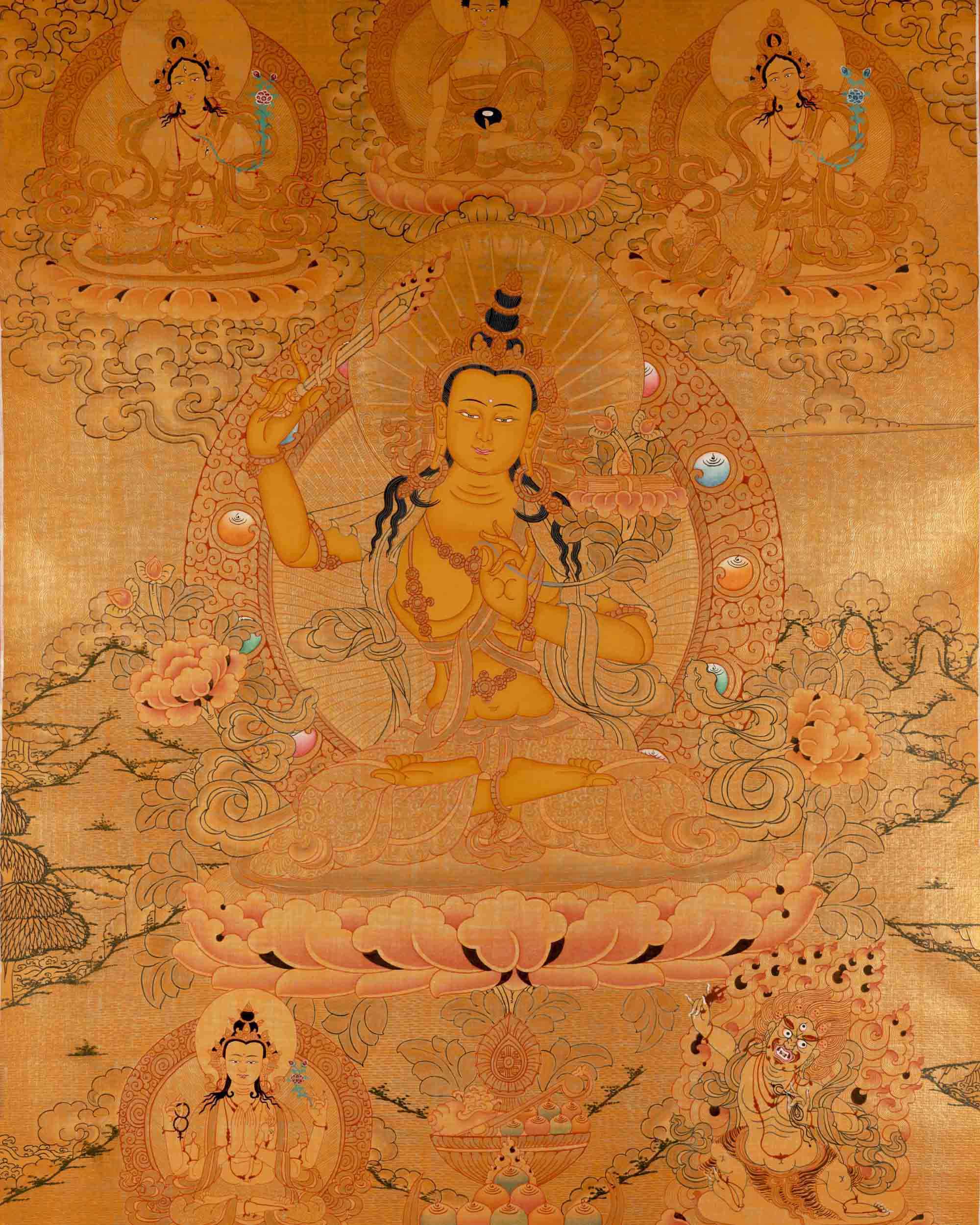 Gold Manjushri Thangka | Tibetan Buddhist Wall Decor Art