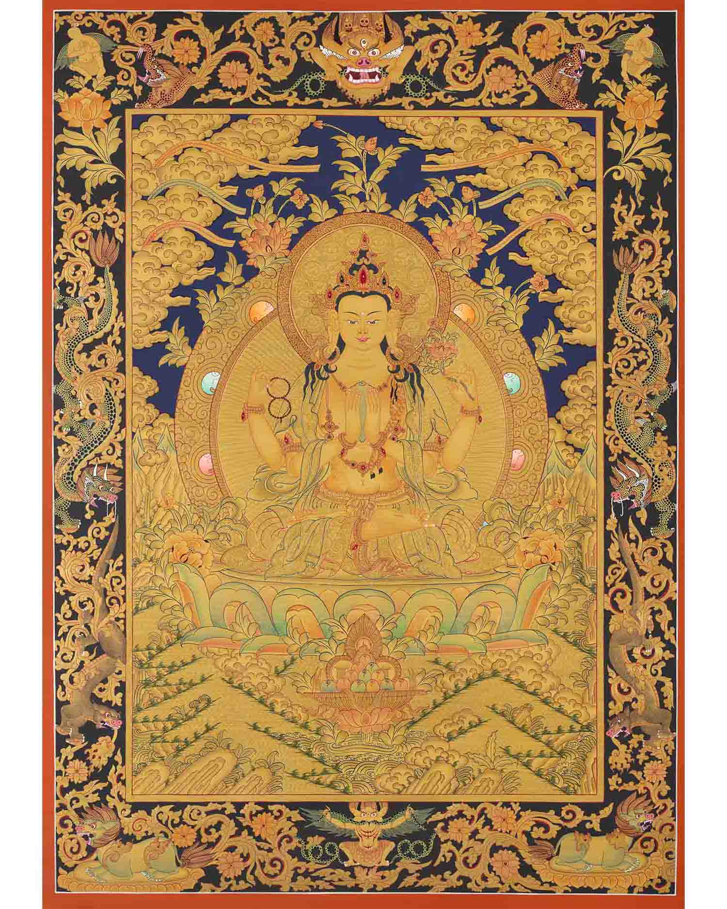 Gold Style Avalokitesvara Chengrezig | Bodhisattva Thangka | Wall Decors