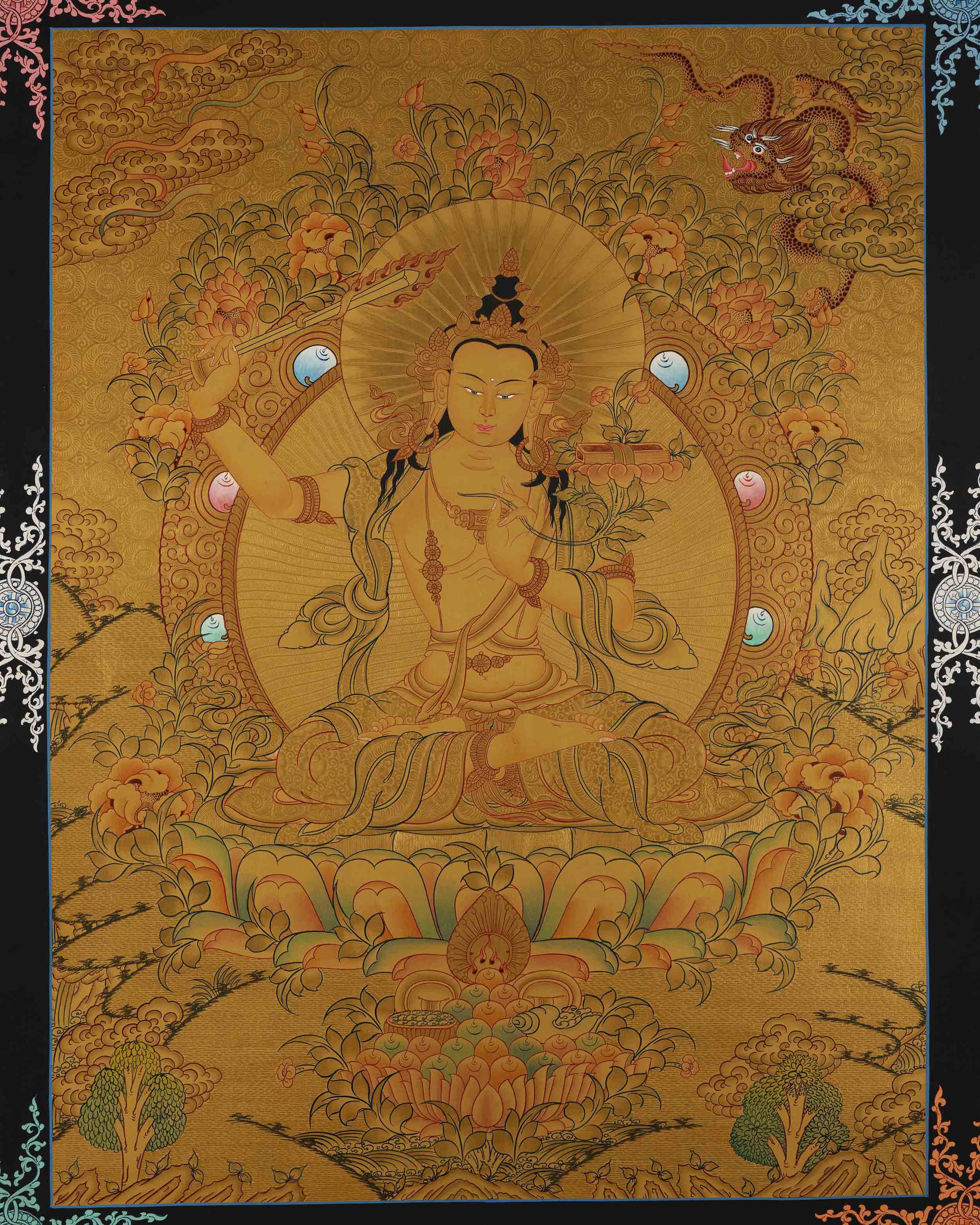 Gold Style Manjushree Thangka | Home Wall Hanging Thanka
