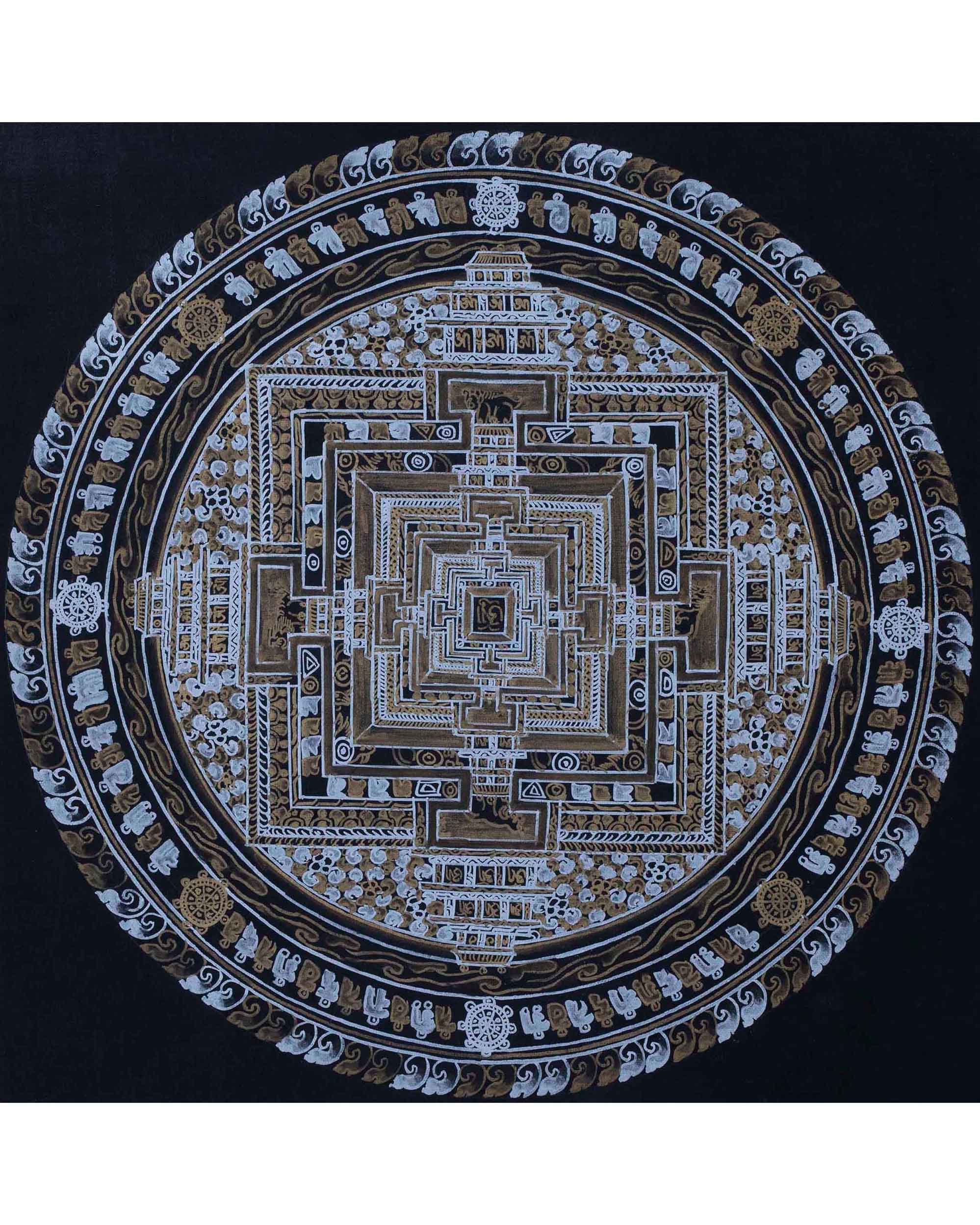 Gold and Silver Kalachakra Mandala Thangka Painting | Hand painted Wall Hanging Art