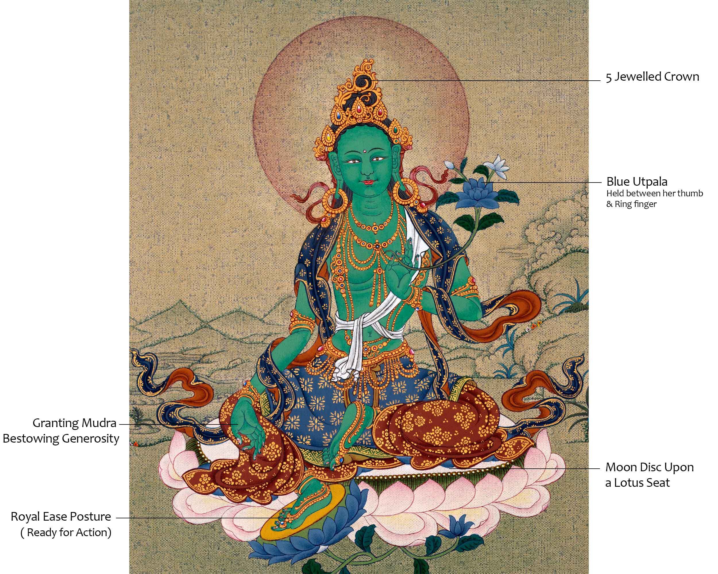 Green Tara, Dolma Tibetan Thangka, Hand Painted Tara in Natural Stone Colors and 24K Gold