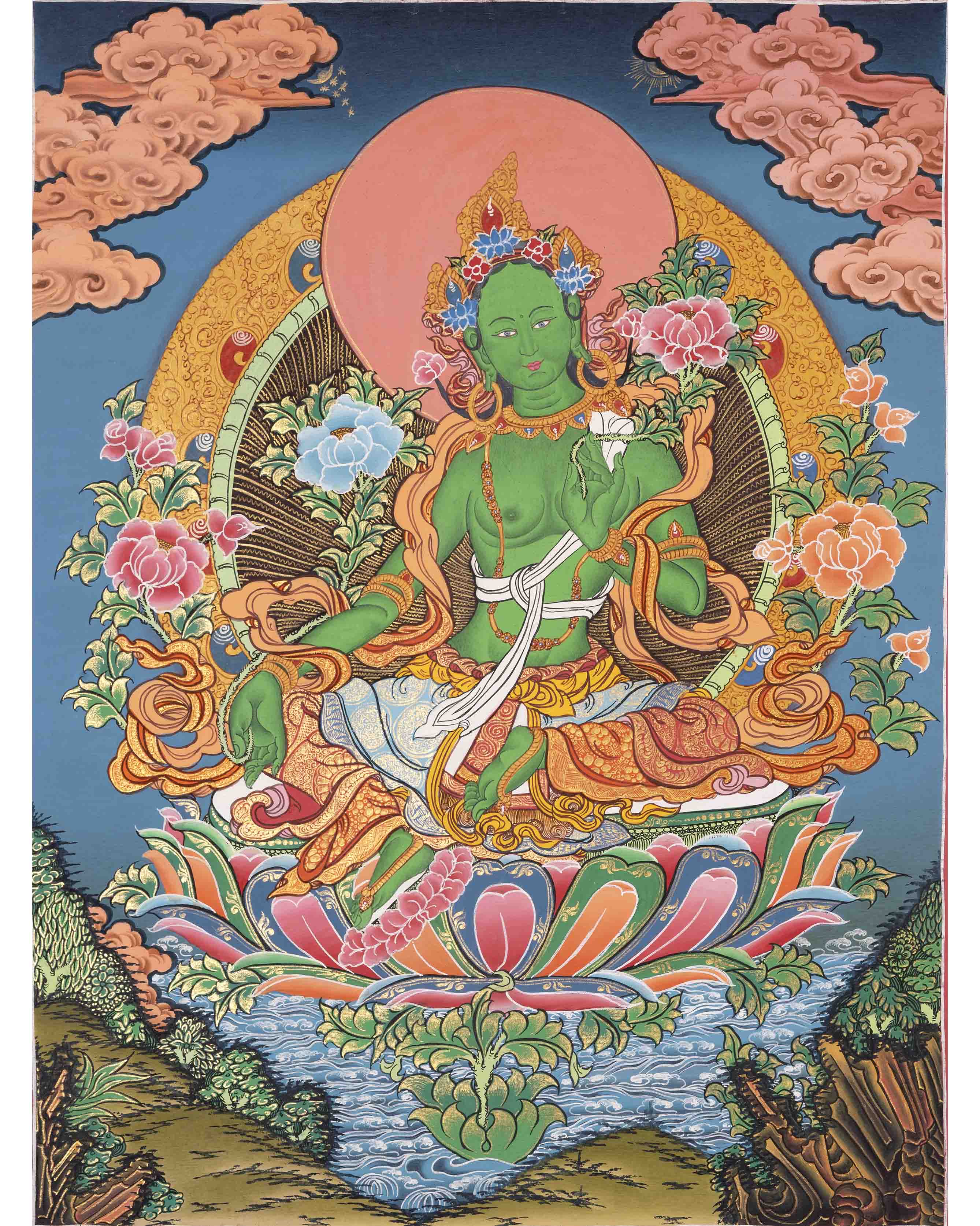 Green Tara Thangka | Traditional Tibetan Art | Religious Wall Decor