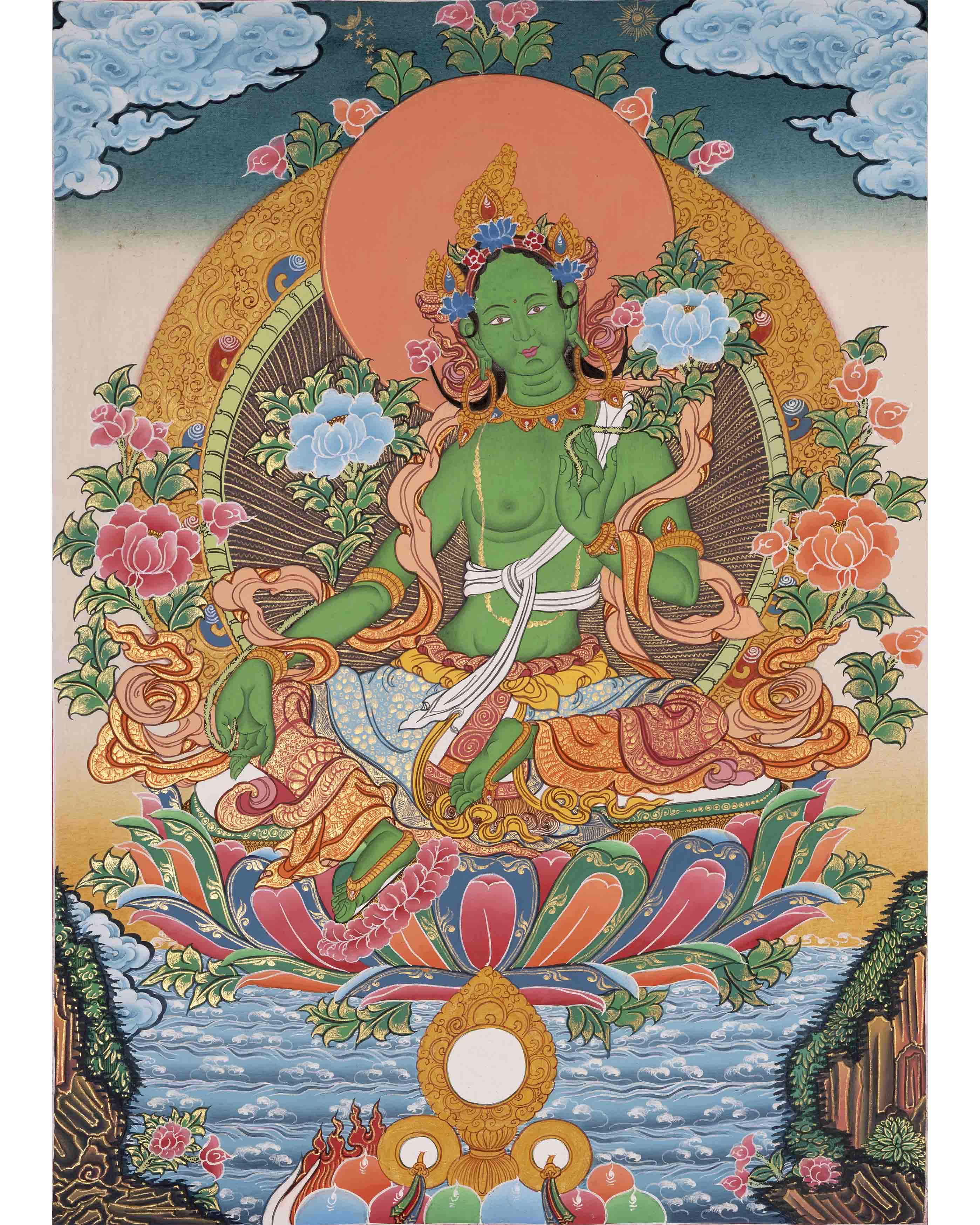 Green Tara Thangka | Healing Female Deity | Religious Wall Decors